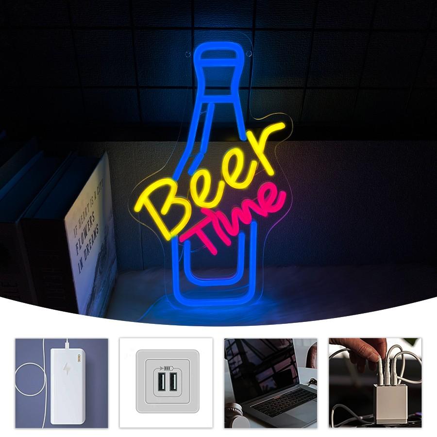 Beer Time Neon Sign Led Wall Decor Man Cave Neon Light Up Signs Wall Art for Home Room Bar Bedroom USB Powered