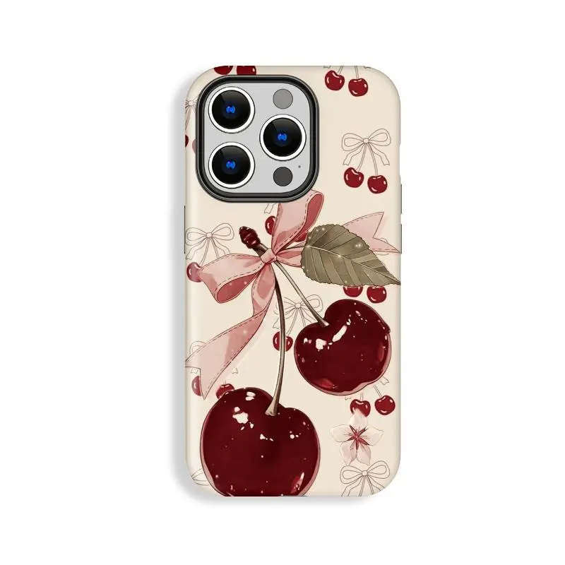 Durable Shockproof Phone Case for iPhone Series, Cute Cherry Bow Pattern Cover with Raised Bezels for 11-17 Pro Max Plus Models & Everyday Use