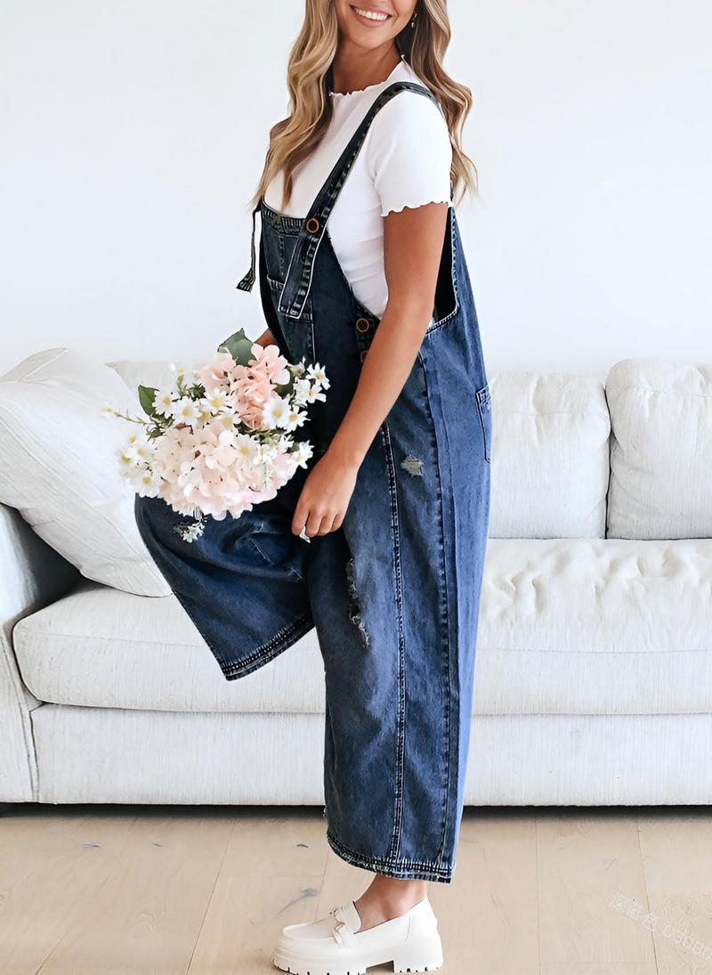 Chouyatou Women Loose Adjustable Strap Denim Bib Overall Jeans Distressed Wide Leg Baggy Overalls Jumpsuit