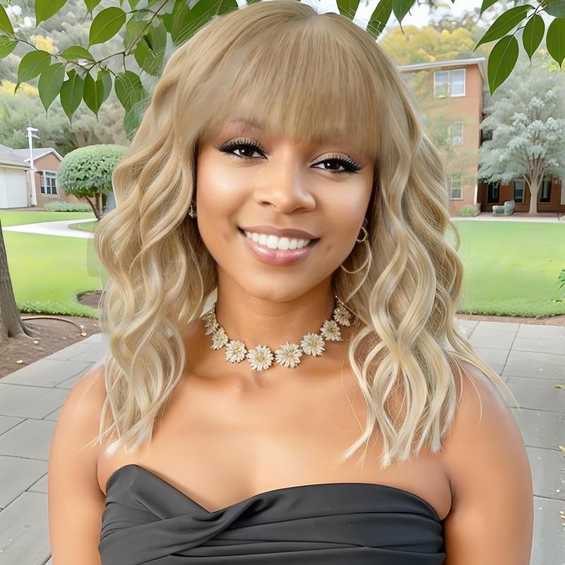 [ AISI HAIR ] Synthetic Wavy Curly Bob Wig with Bangs Mixed Blonde Short Hair Wigs for Women Synthetic Heat Resistant Bob Wigs