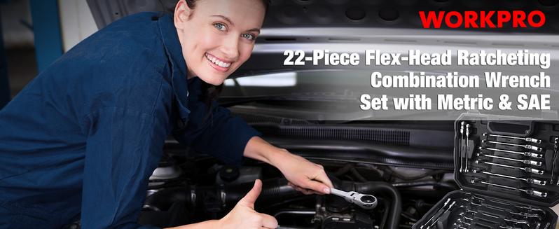 #JumpstartSale WORKPRO 22-Count Ratcheting Wrench Set, Flex-Head Ratchet Combination Wrench Sets with Organizer Box, 72 Teeth, Metric 6-18mm & SAE 1/4-3/4"