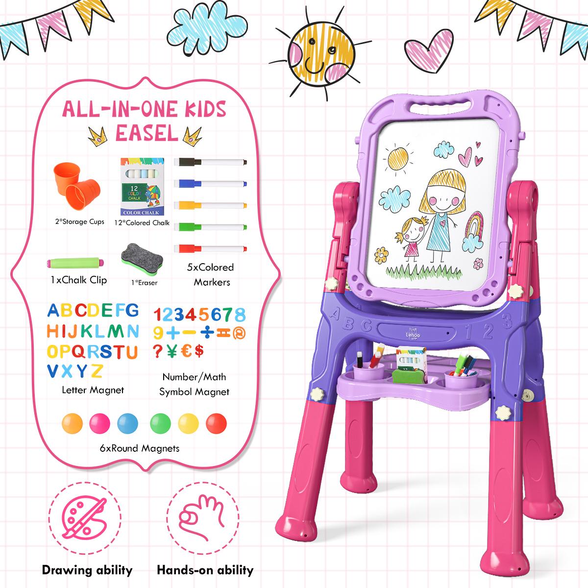 Lehoo Castle Easel for Kids, 4 in 1 Double Sided Kids Art Easel with Magnetic White Board & Chalk Board, Adjustable Standing Easel with Drawing & Writing Accessories - Gift for Boys and Girls