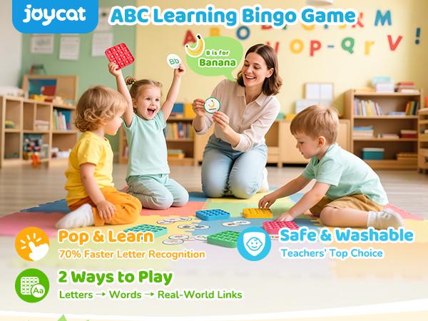 JoyCat Alphabet Bingo Board Game, ABC Learning Toys, Bingo Game for Kids Kindergarten Preschool 1st 2nd 3rd (6 Fidget Pads + 26 Flash Cards)