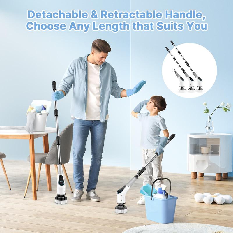【Dovety】 Electric Spin Scrubber, Cordless Shower Scrubber, Cleaning Brush, with 8 Replaceable Brush Heads and 3 Adjustable Extension Handle, 2 Adjustable Speeds for Bathroom, Kitchen, Tile,  Household Cleaning Supplies ,Portable Durable
