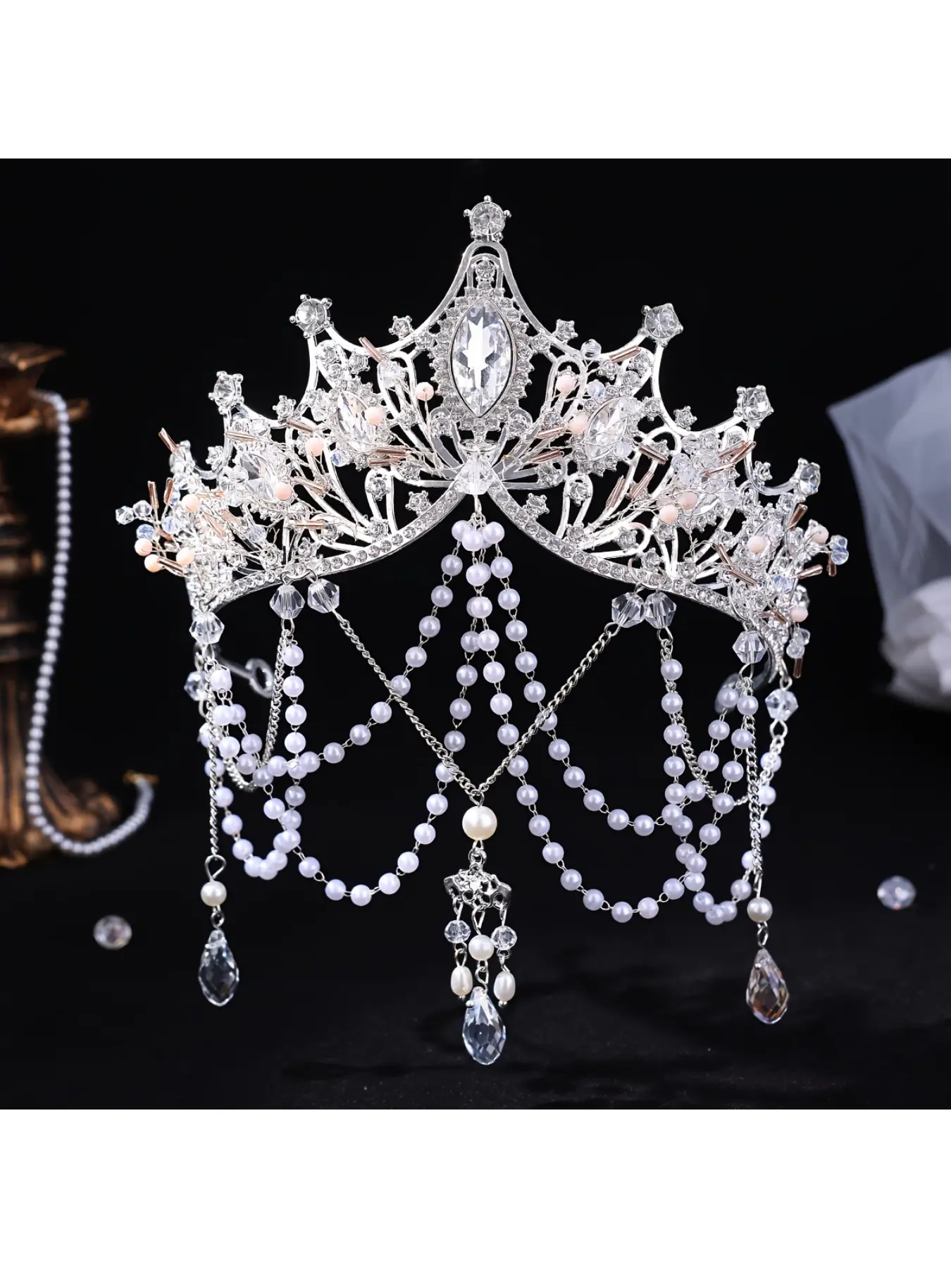 Princess tassel pearl hair crown headpiece queen runway forehead ornament travel photography Virgin Mary crown styling accessories