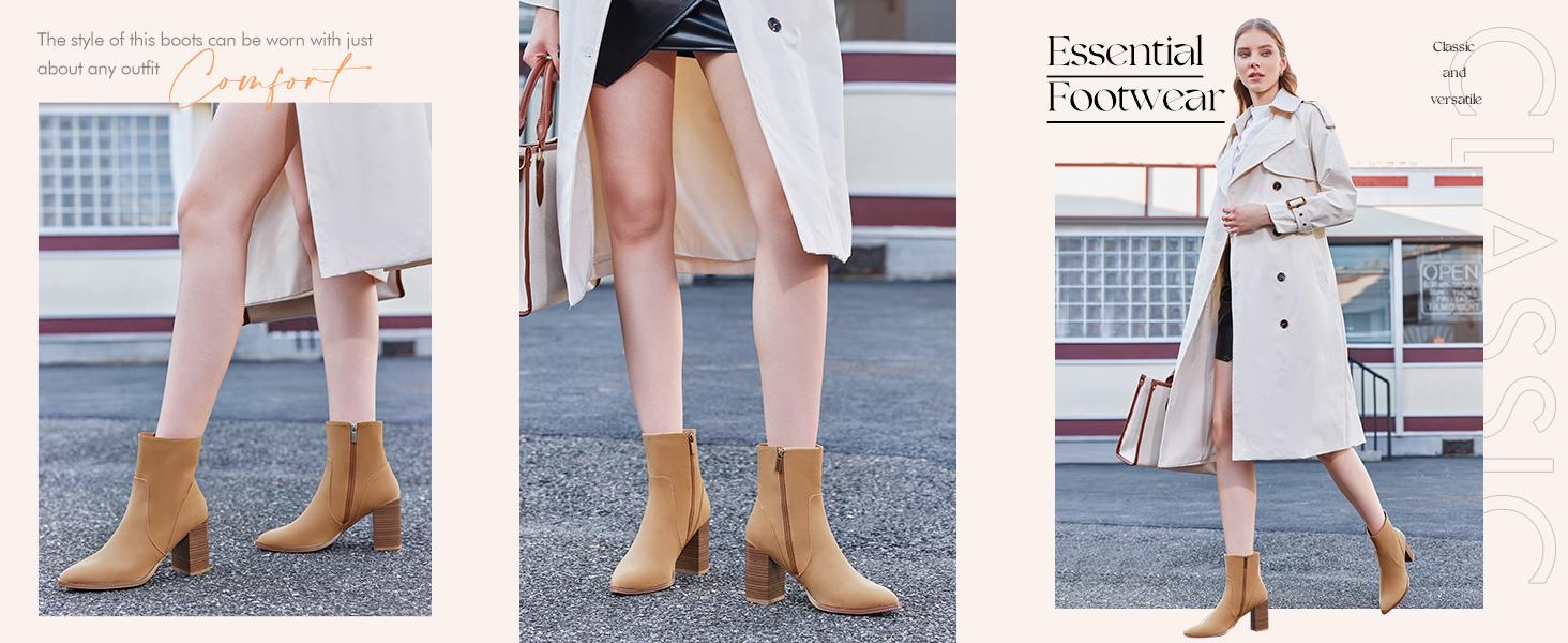 Coutgo Women's Pointed Toe Ankle Boots Chunky Stacked Heel Side Zipper Faux Leather Ankle Booties