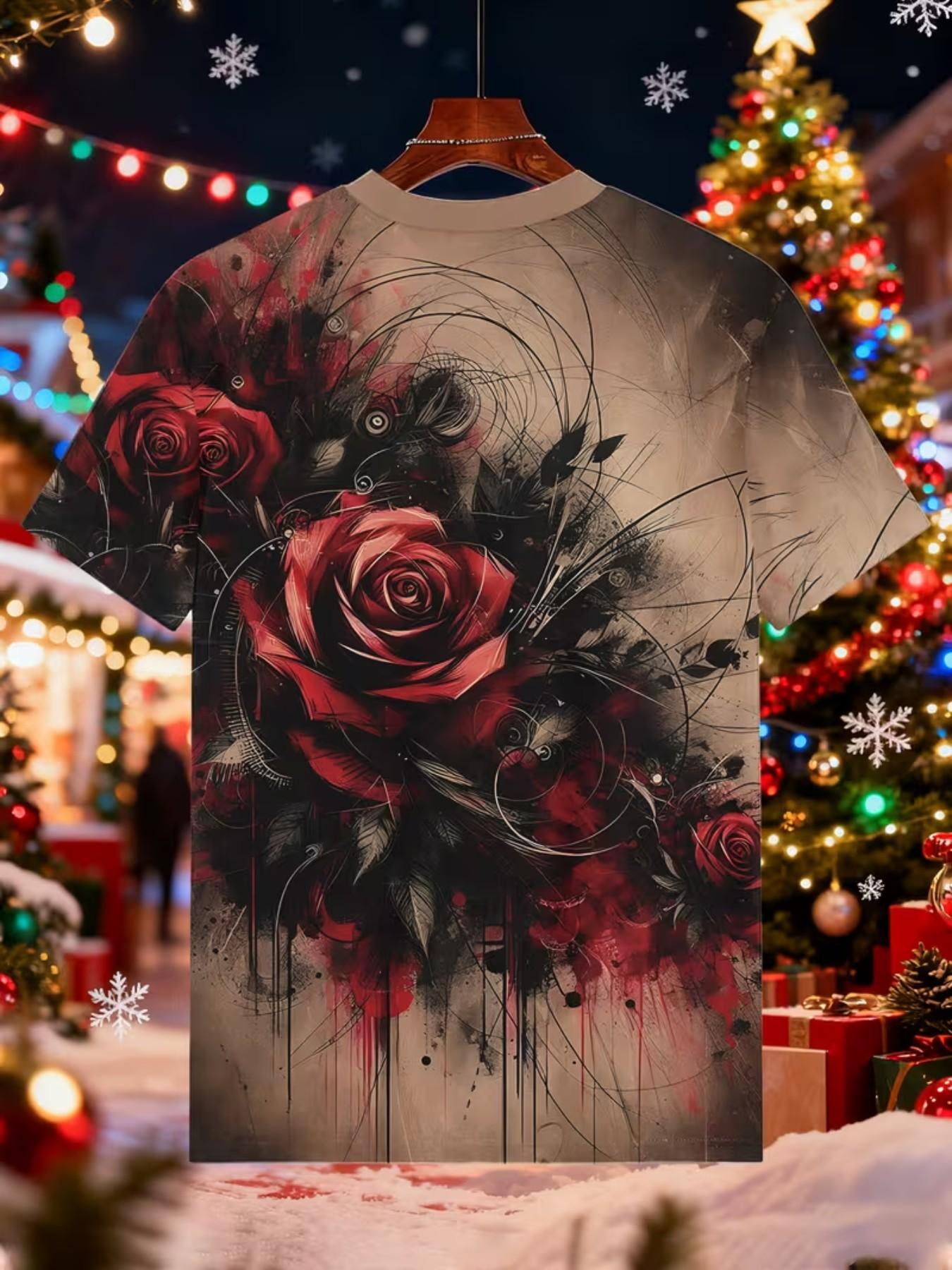 Men's Printed T-Shirt with Vibrant Round Neck Design and Short Sleeves, Valentine's Day Rose Doodle 3D Print, Summer Outdoors and Casual Wear