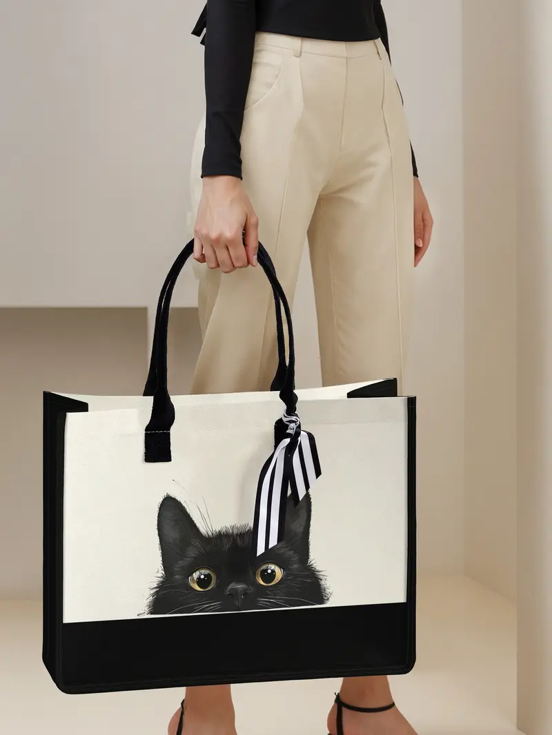 Large Capacity Cat Print Storage Bag, Durable Handle, Space Saving Multi-Purpose, Ideal for School, Travel, Shopping, All Seasons Use Lightweight Tote Bag, Versatile Bag