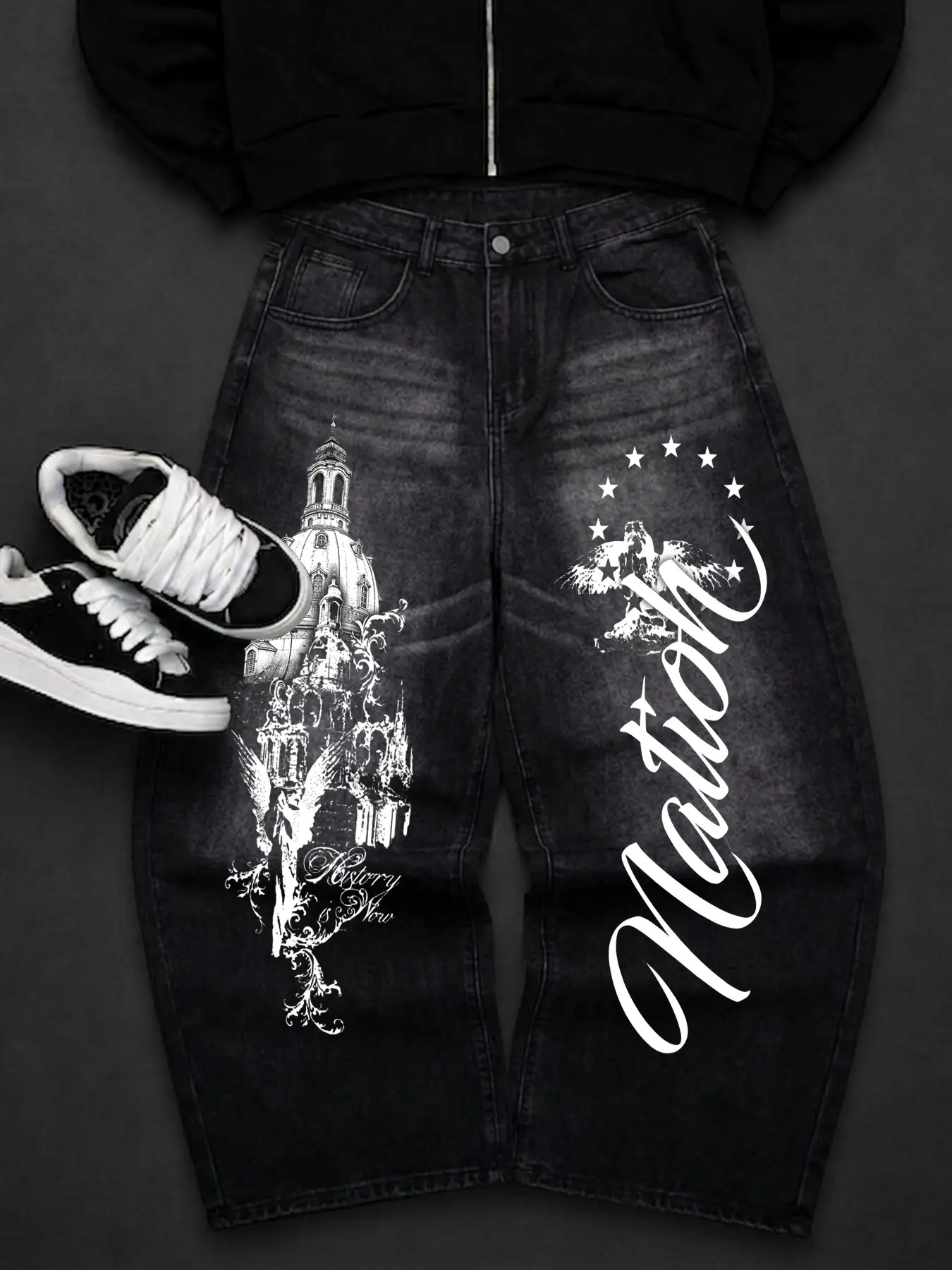 American Style Men's Letter Print Jeans, Cotton Vintage Washed High Waist Straight Leg, Streetwear Unisex Denim Jeans for All Seasons
