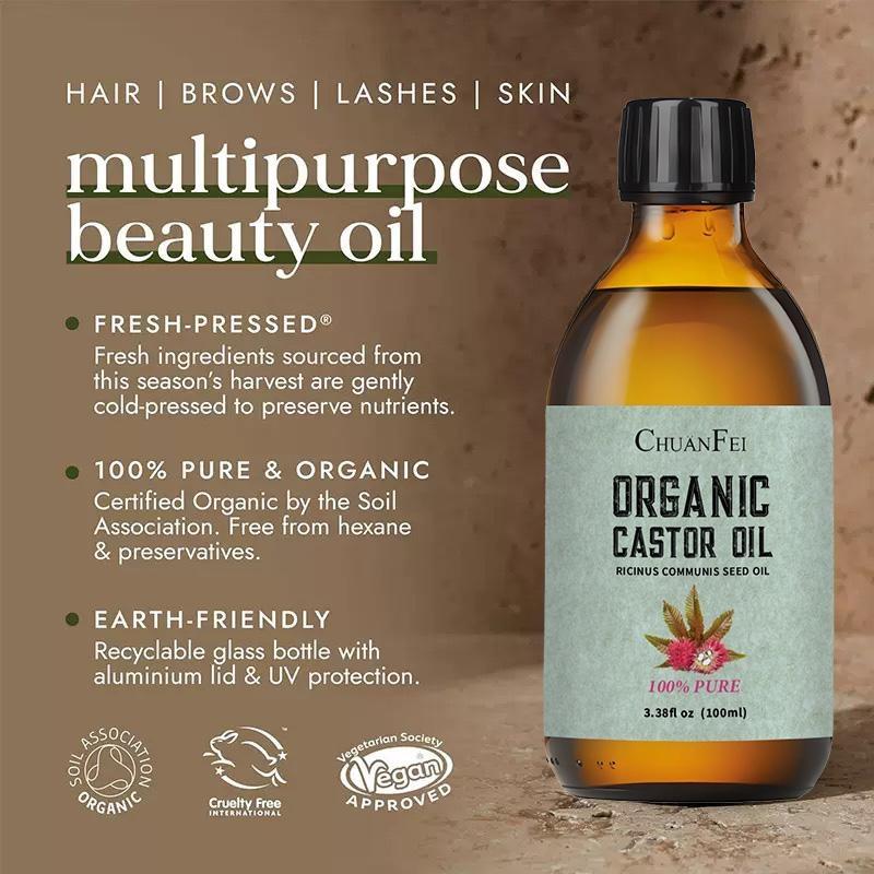 Organic Castor Oil 100ML Glass Bottle, Organic Health Ingredients No Fragrance, Face Hair Skin Full Body Care