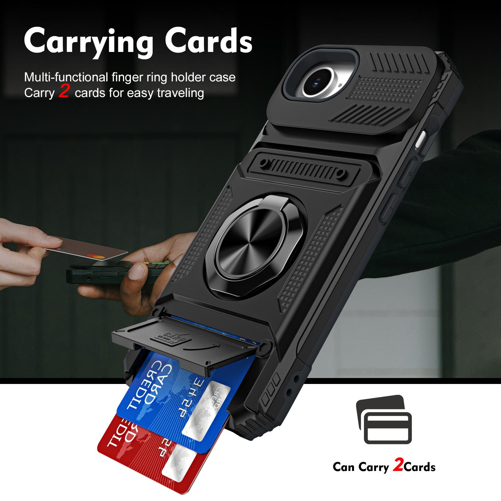 Rugged Smartphone Wallet Card Holder Case with Cash Slot, Handheld Device Accessories for iPhone 17/16/15/14/13/12 Pro Max Plus Air, Built-in Ring Kickstand, Heavy Duty Anti-Drop Dual Layer TPU-PC Shell, Devices