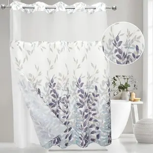No Hook Shower with Snap-in Liner Set, Duty Large Leaf Pattern with See Through Top, Hotel, Machine Washable, 71Wx74L