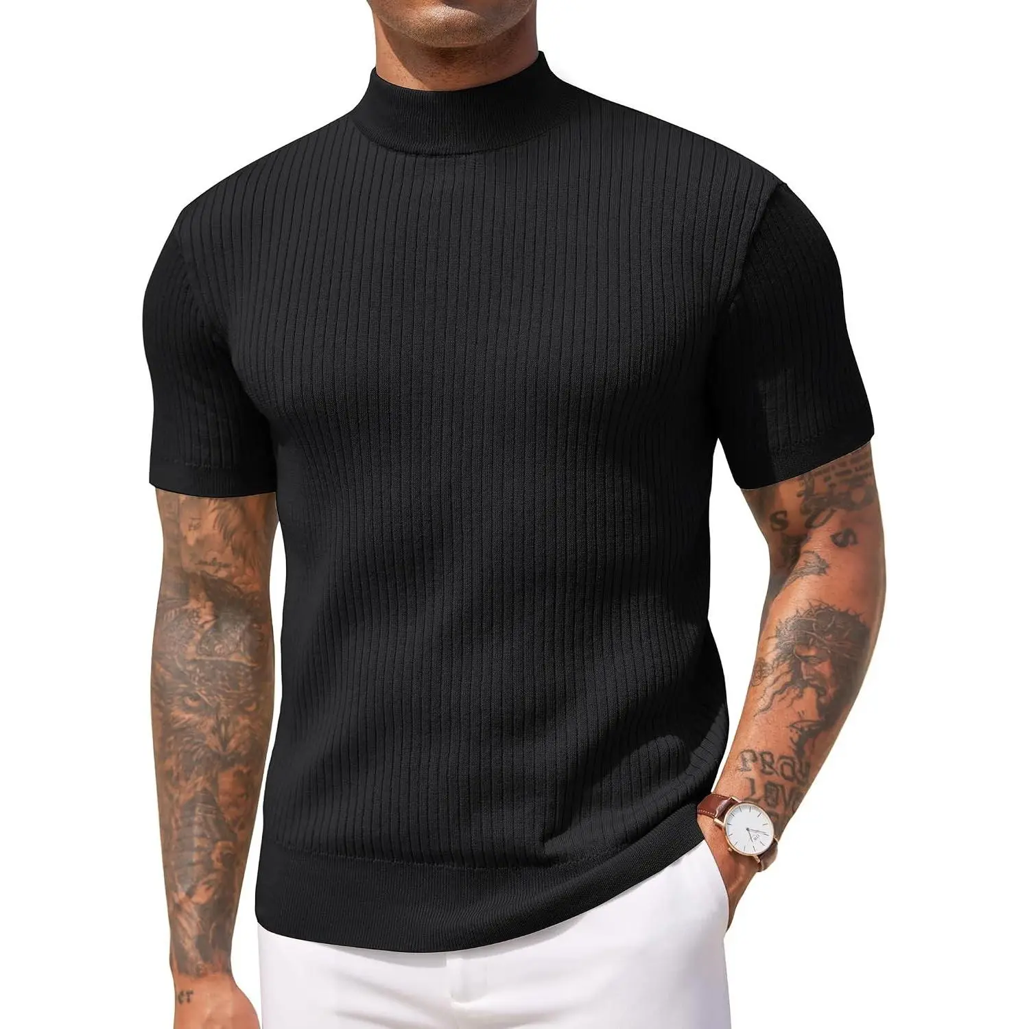 Men's Short Sleeve Mock Turtleneck Ribbed Knit Pullover Solid Casual Tee TopGift