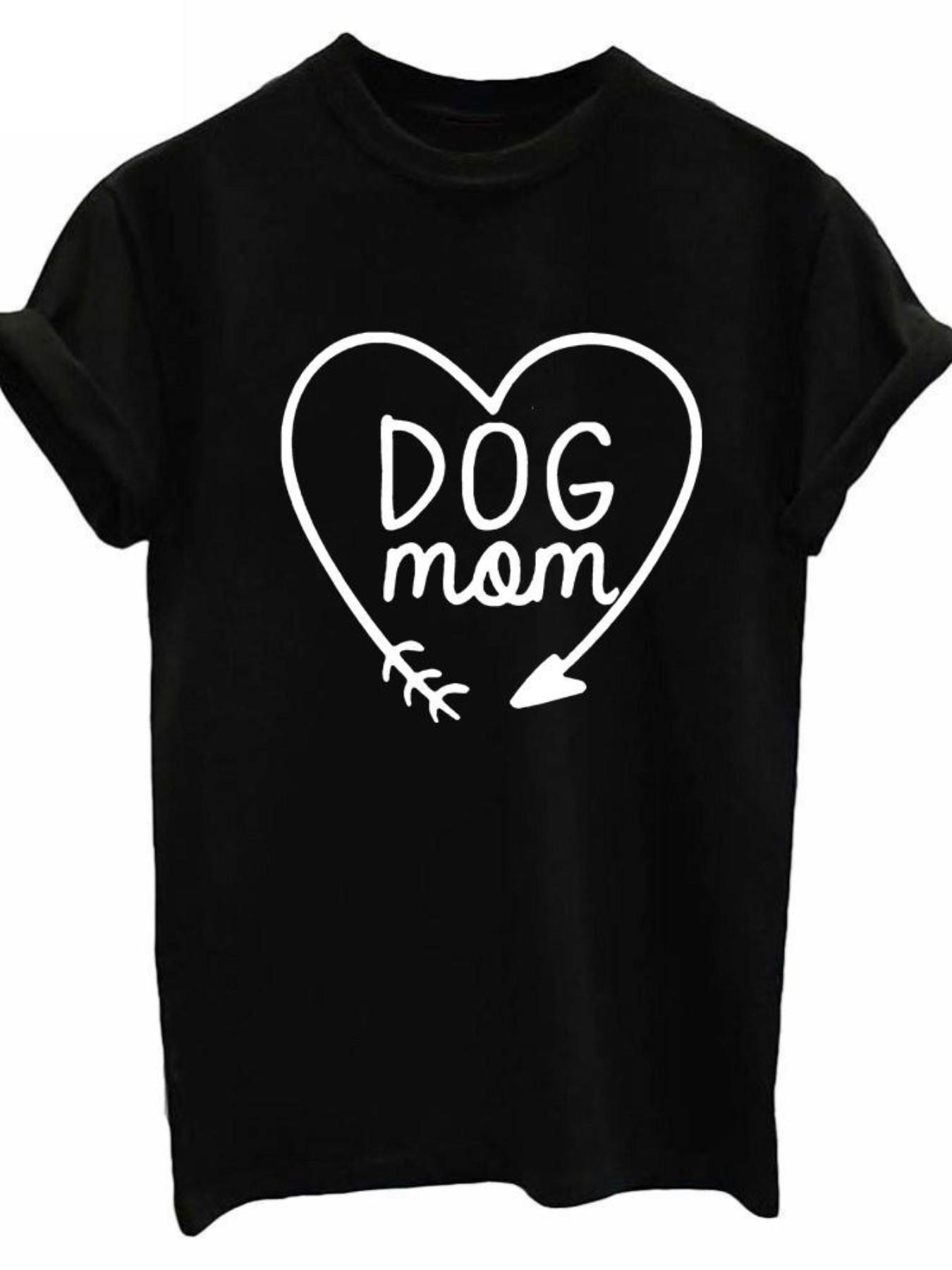 Dog Mom Heart Arrow Crew Neck T-Shirt, Cute Dog Lover Tee, Slim-Fitting Casual Graphic Top, Perfect Gift for Pet Owners