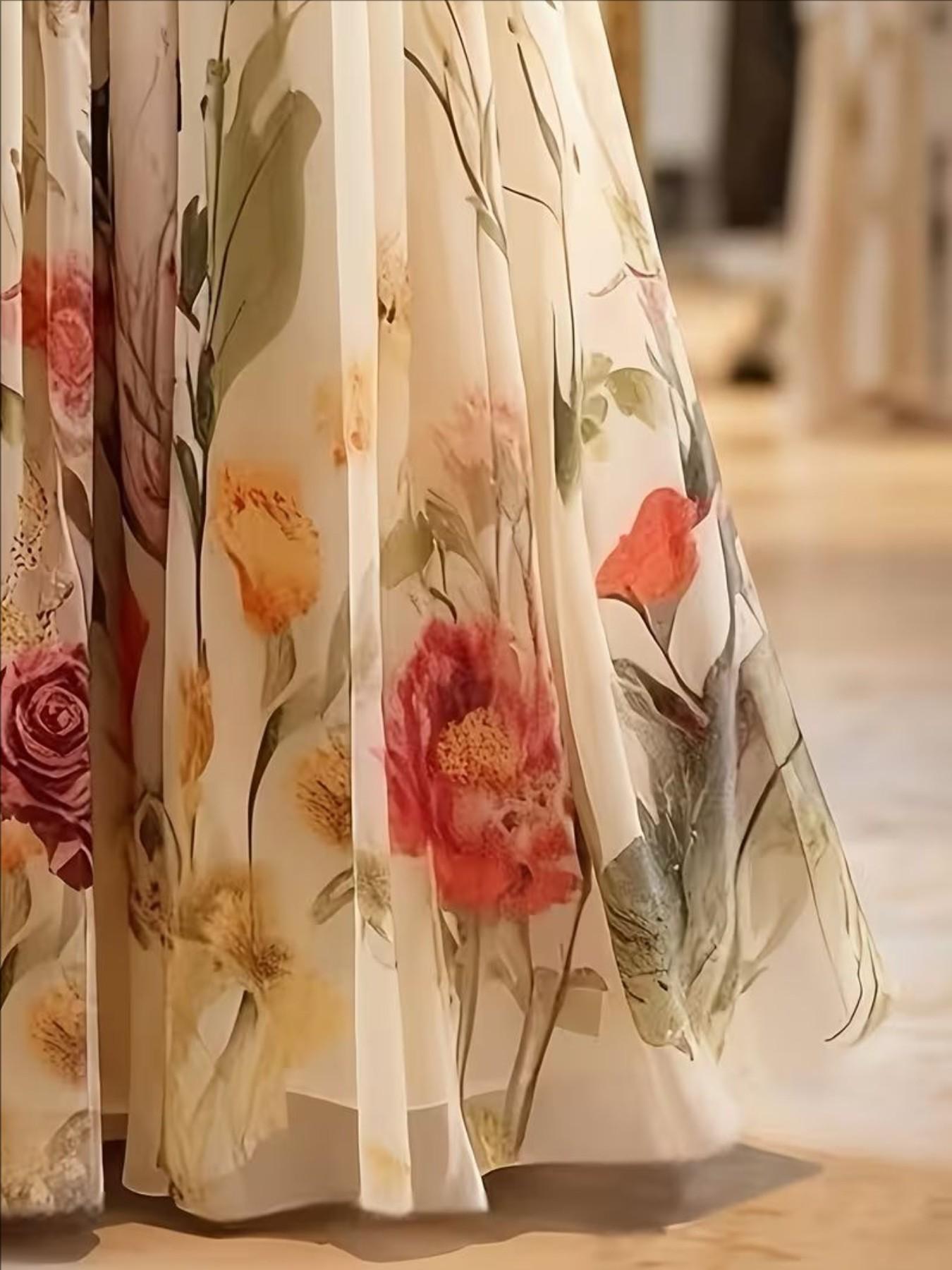 Women's Floral Print Long Skirt, Sheer Mesh Material, Elegant Half-Length Dress, Perfect for Casual & Special Occasions