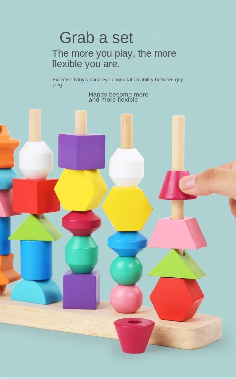 5-in-1 Montessori Wooden Toys Color Shape Cognition Blocks Matching Sorting Game Beaded Early Educational Toys Gift for Children