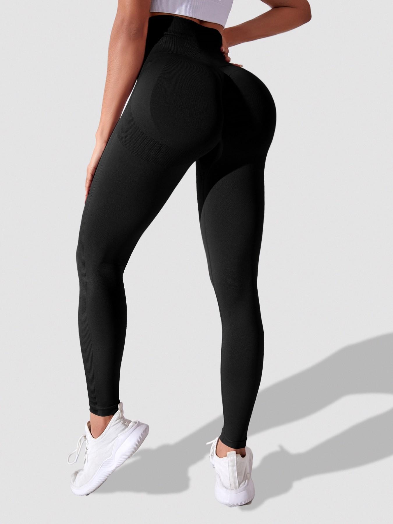 Women's Seamless Knitted Yoga Pants, High Waist Tummy Control Workout Pants, Elastic Smiling Peach Butt Fitness Pants, Body Sculpt Leggings, Gym Sportswear Bottoms, High Waists Leggings, 200g
