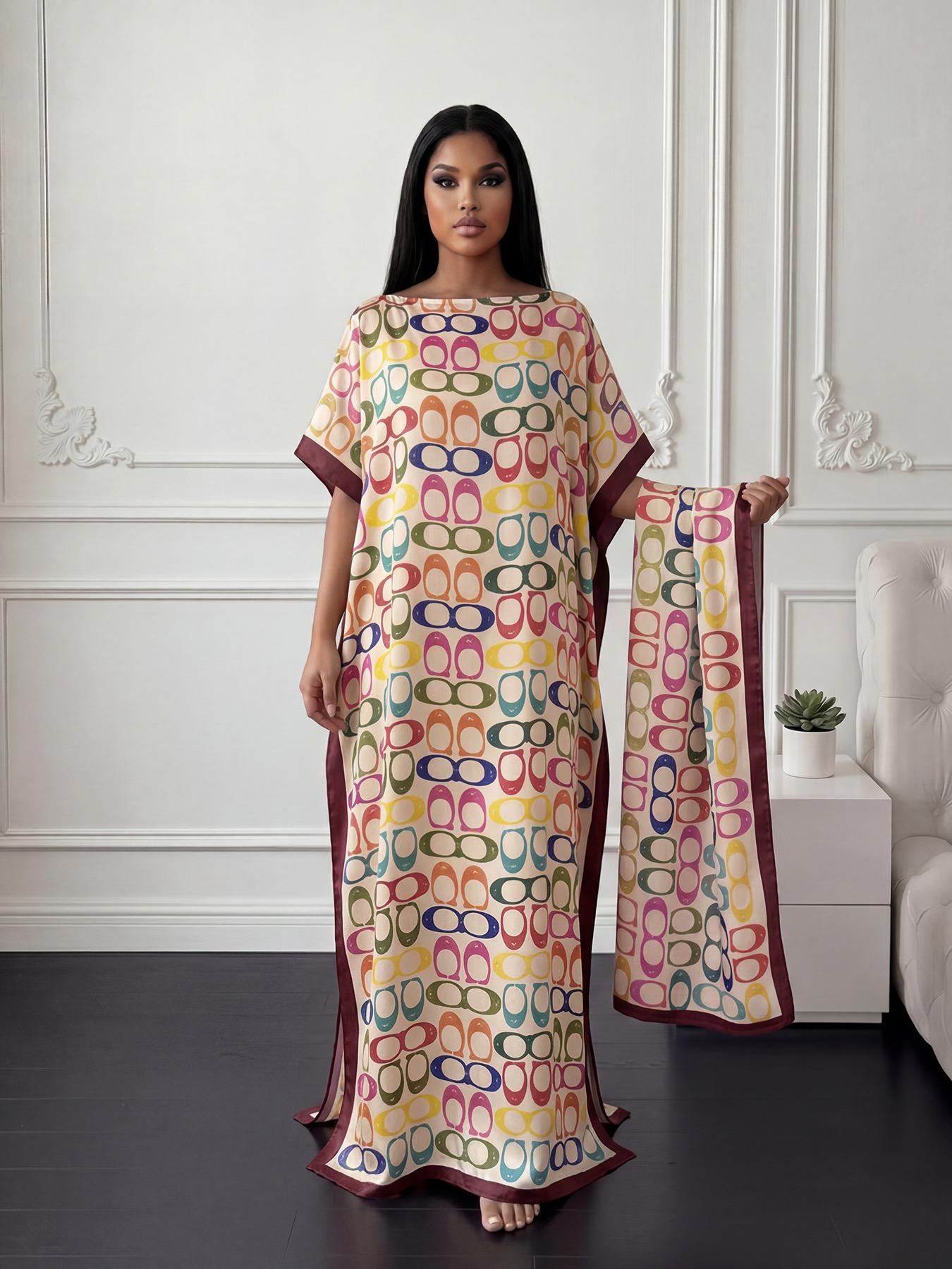 Elegant Geometric Print Robe Set, Long Dress with Headscarf, Sun Protection Silk Scarf, Women's Beachwear, Stylish and Comfortable