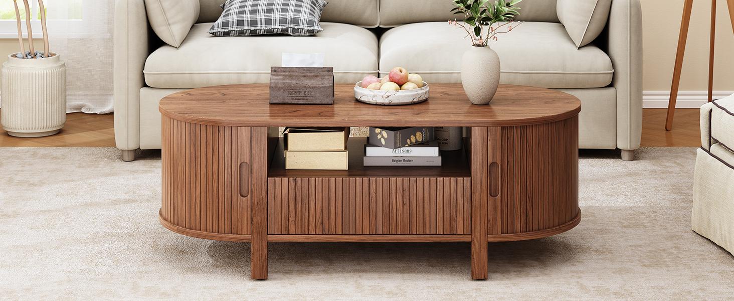 【SPOTLIGHT DAY】ONBRILL 47.2 Inch Oval Coffee Table with Storage, Mid Century Modern Coffee Table with Drawer, Center Table with Sliding Door and Wood Fluted Handle for Living Room 【SPOTLIGHT DAY】ONBRILL 47.2 Inch Oval Coffee Table with Storage, Mid Century Modern Coffee Table with Drawer, Center Table with Sliding Door and Wood Fluted Handle for Living Room