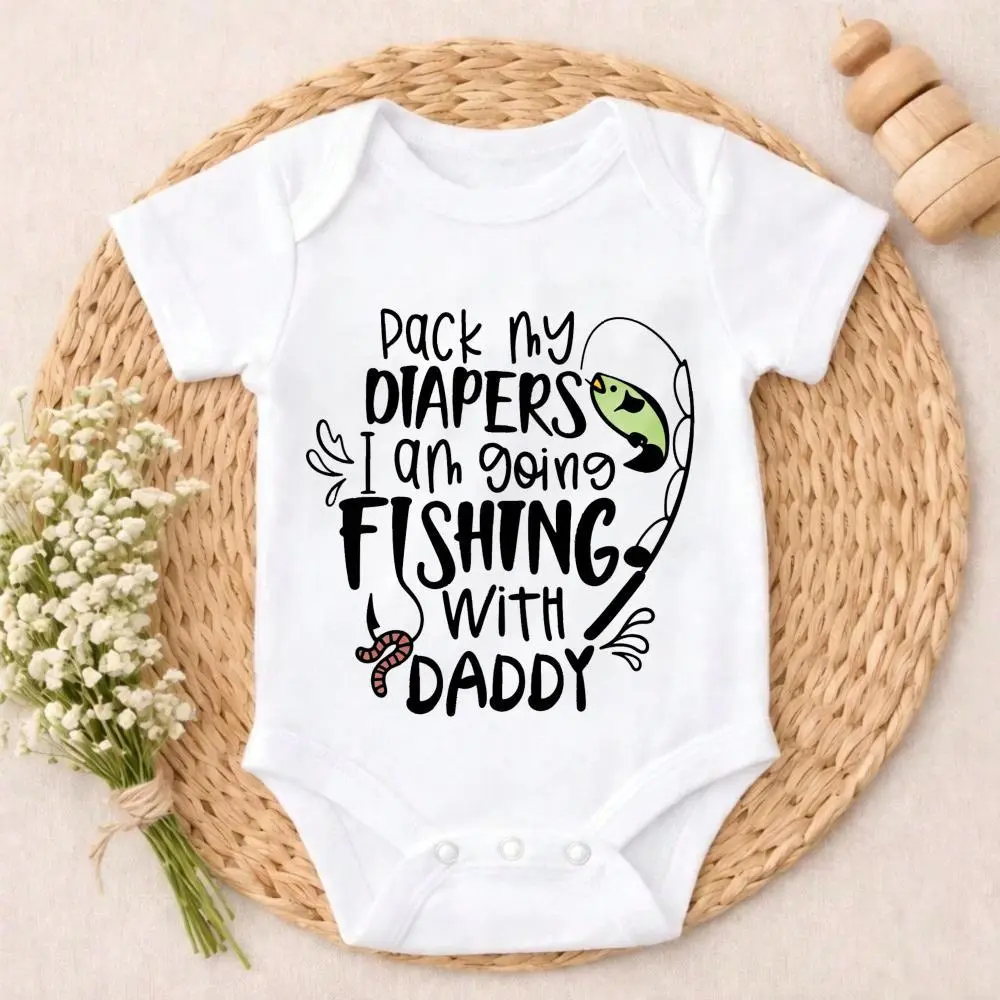 Baby Boy 100% Pure Cotton Short Sleeve Romper Bodysuit, "Pack My Diapers I Am Going Fishing With Daddy" All Over Print, Baby Boy Stuff, Breathable Everyday Wear for Infants 0-12m/18m/24m, Ideal for Outdoor & Spring Use, 6M, Cute, Button, Easy Dressing & D