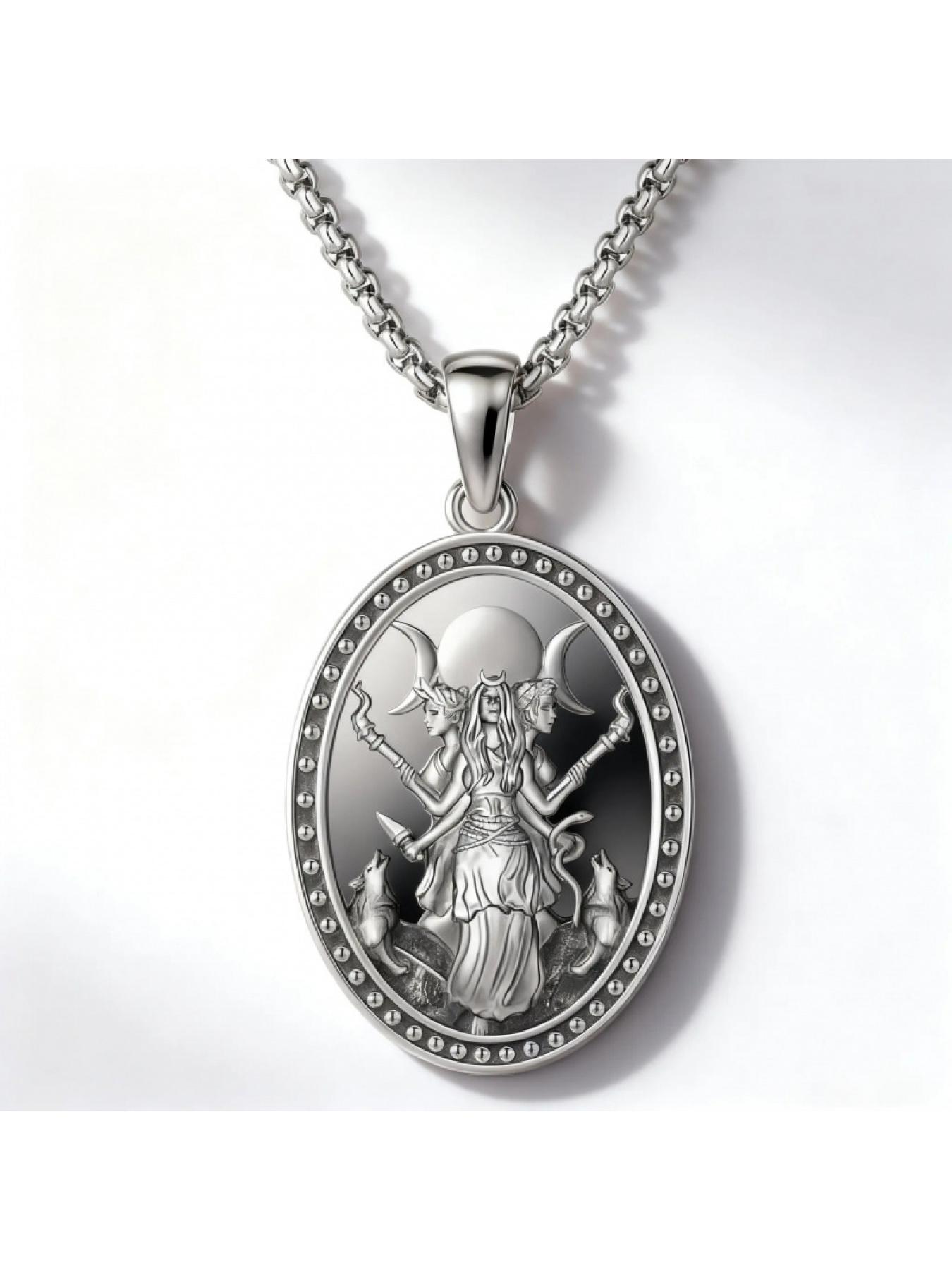 March Goddess Hecate Necklace, Silver Color Oval Pendant, Boho Style Witch Jewelry, Unisex Mystic Gift, All-Season Accessory