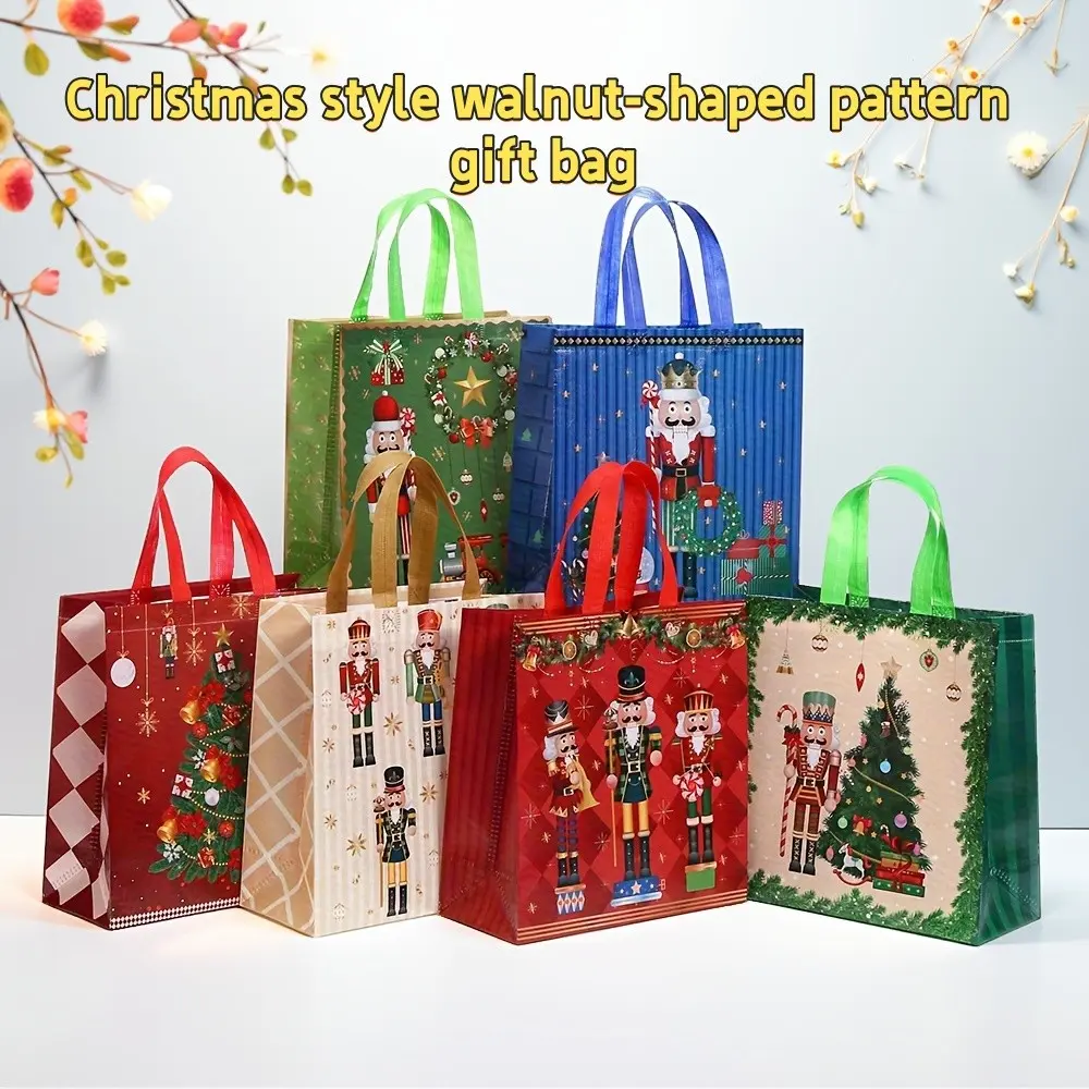 Christmas Theme Nutcracker Print Non-Woven Foldable Handbags, Ideal for Parties, Gifts, Jewelry Storage, 12pcs/24pcs/36pcs