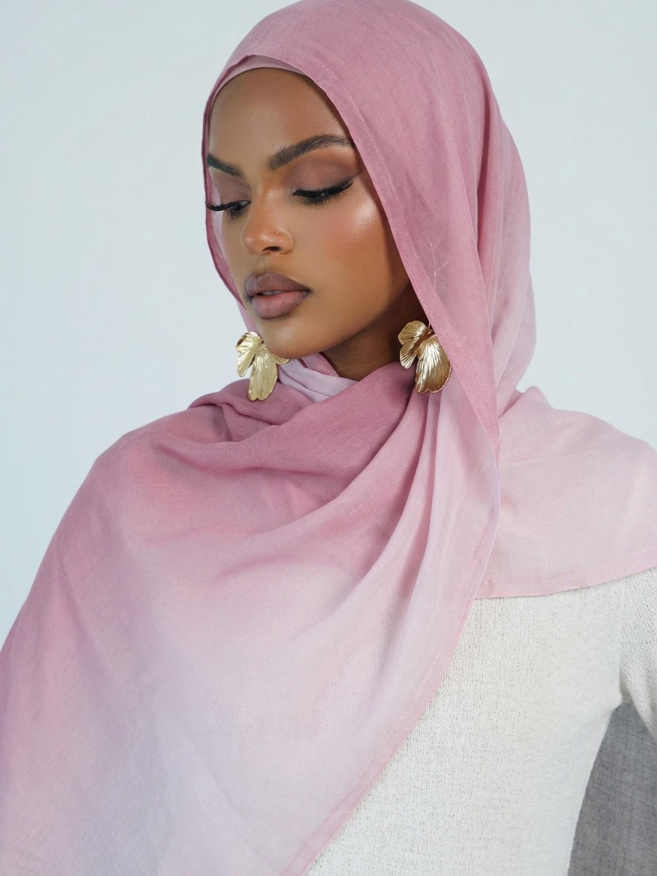 Women's Elegant Gradient Print Hijab Scarf, Soft Cotton Headscarves, Muslim Daily Wear Long Shawl, Fashionable Beach Wrap