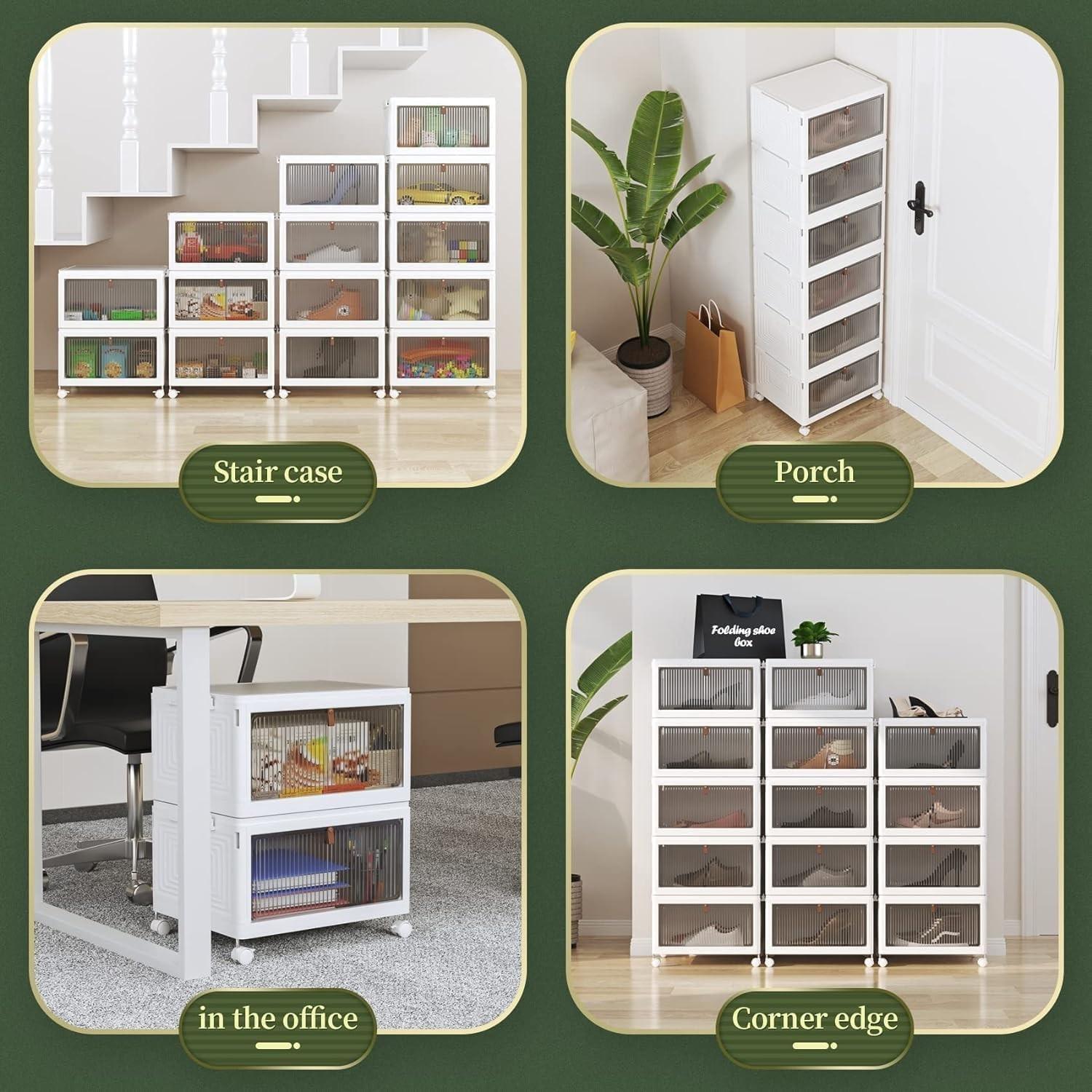 Stackable Plastic Durable Storage Cabinet, Foldable Shoe Rack Rolling Wardrobe Organizer Box with Cover and Locking Wheels, Home Living Room Office Dorm (3 Layers)