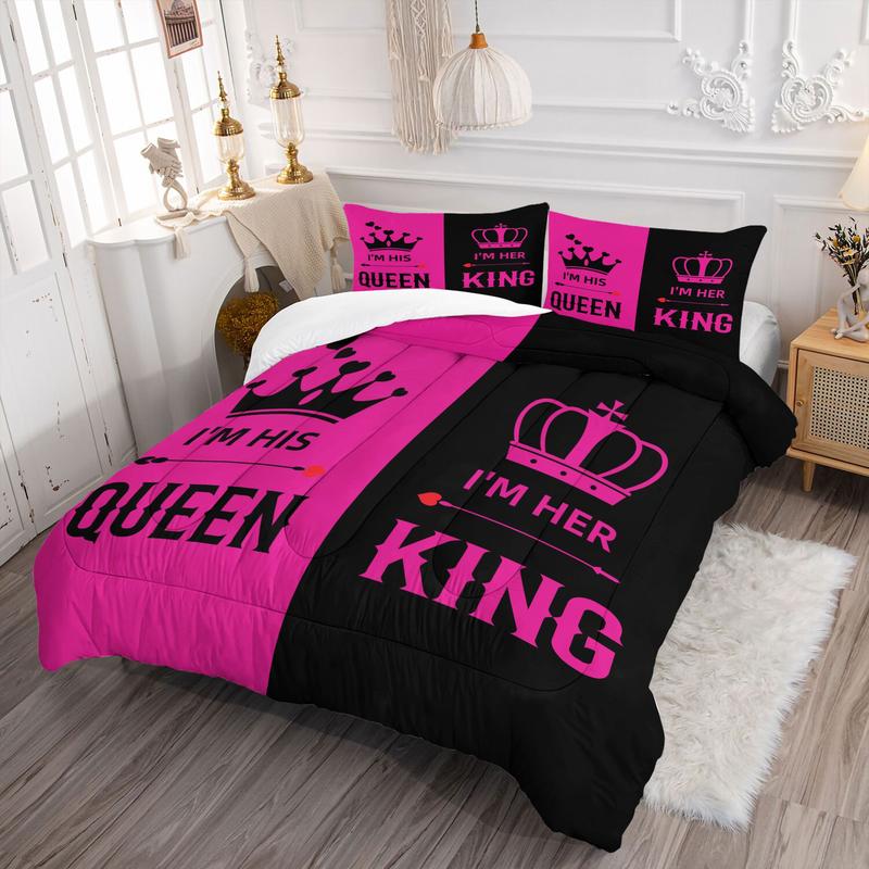 Romantic Valentine's Day “King Queen” Wedding Comforter Set,1 Comforter & 1-2 Pillowcases,Red Black Color blocking,Couples Gifts Engagement Newlyweds Gifts for His and Hers Gifts Exclusive for Couples