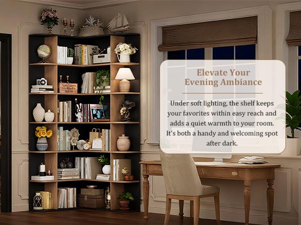 FOTOSOK 74'' Tall Corner Bookshelf, 6-Tier Bookshelf and Bookcase with Open Storage, L Shaped Tall Bookcases Wooden Storage Shelves for Home Office