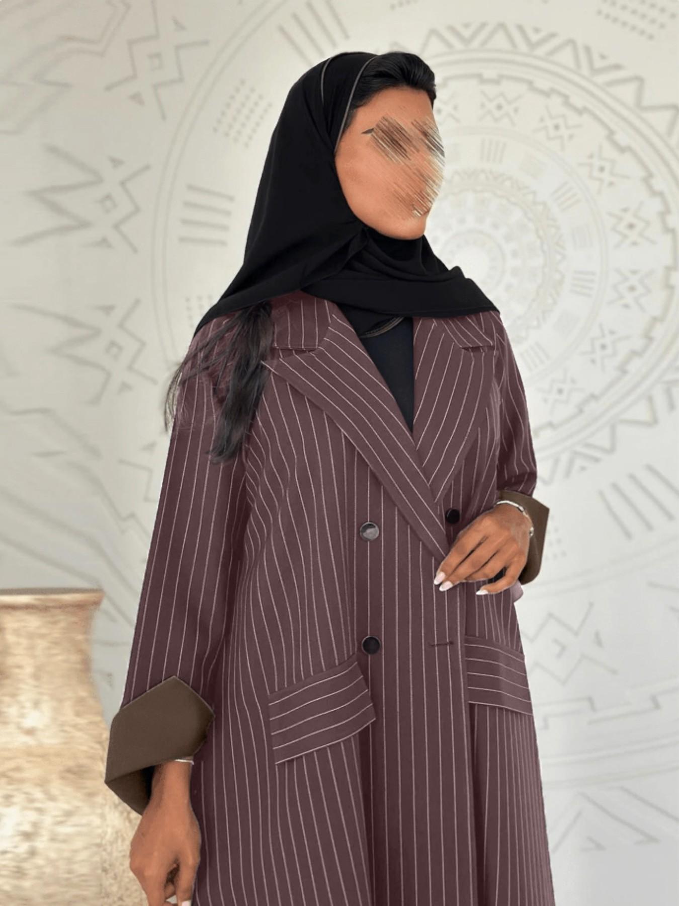 Abaya Striped Patchwork Double Button Pocket Long Coat, Stylish Suit Jacket, Elegant Outerwear for Women, Fashionable Windbreaker, Stripe Pattern Jacket