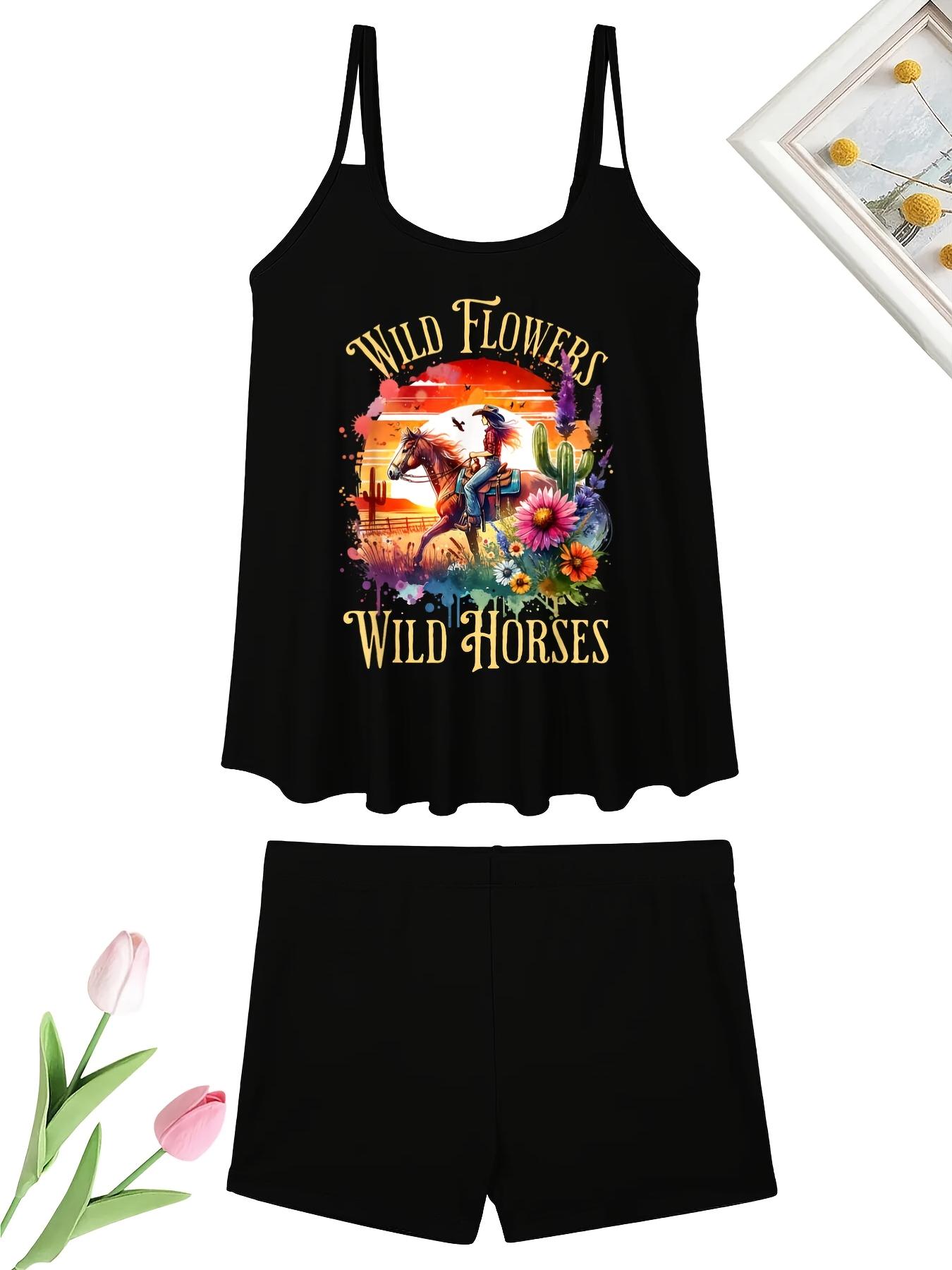 Wildflower, Mustang, Countryside, Sunset, Western Cowboy Women's Two-Piece Swimsuit |     Two-piece elegant black conservative tank top swimsuit, made of high-elastic fabric and featuring floral appliques