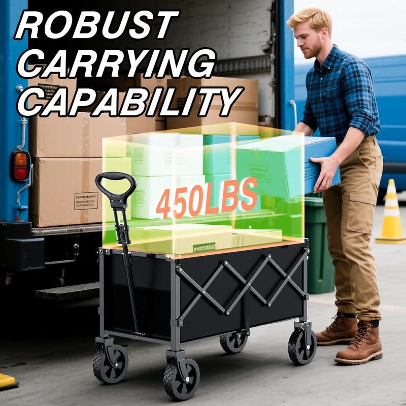 Heavy-Duty Foldable Utility Wagon with 360° Wheels & Adjustable Handle 450LBS Capacity Portable Cart for Groceries Camping Beach Folding Trolley