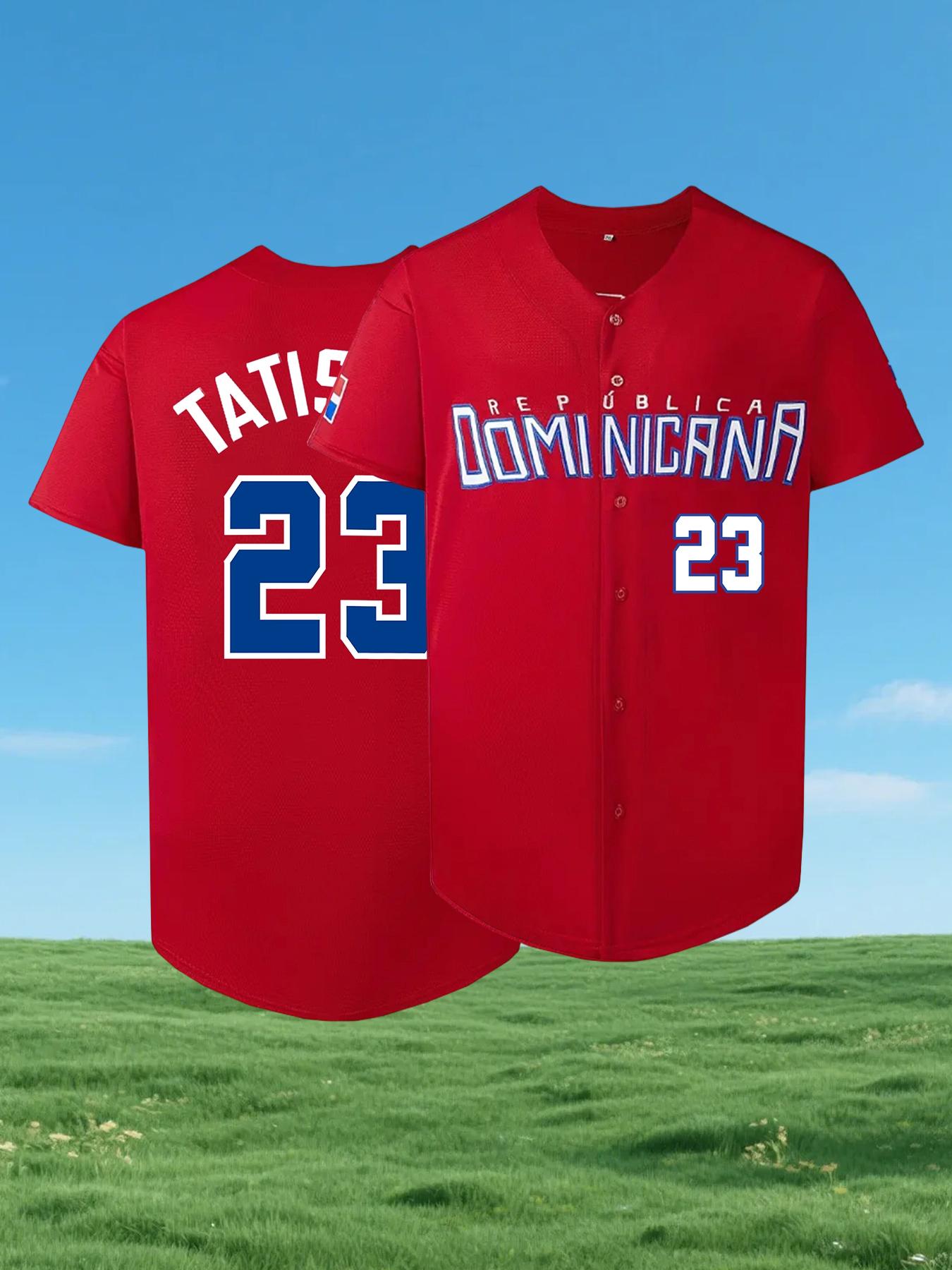 Men's Letter & Number Stitched Button Front Baseball Jersey, Stylish Jersey, Casual Loose Short Sleeve V Neck DOMINICANA 23 Baseball Top for Fall & Winter, Baseball Christmas Gifts