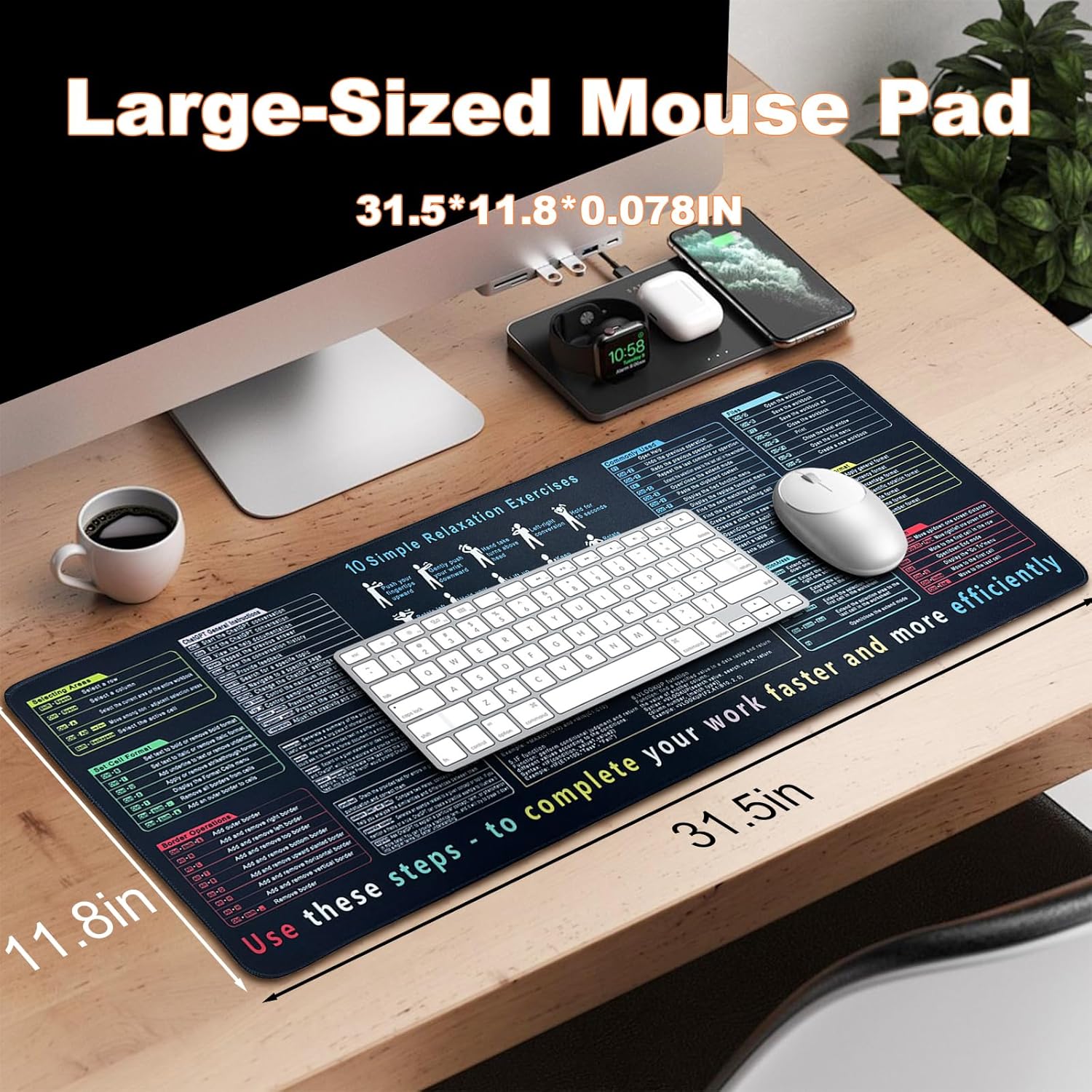 Large XL Excel Cheat Sheet Desk Pad and Mat (31.5" x 11.8"), Non-Slip Stitched Edge Excel Gaming  Pad for Desk,  Excel Shortcuts Mousepad  for Office Work