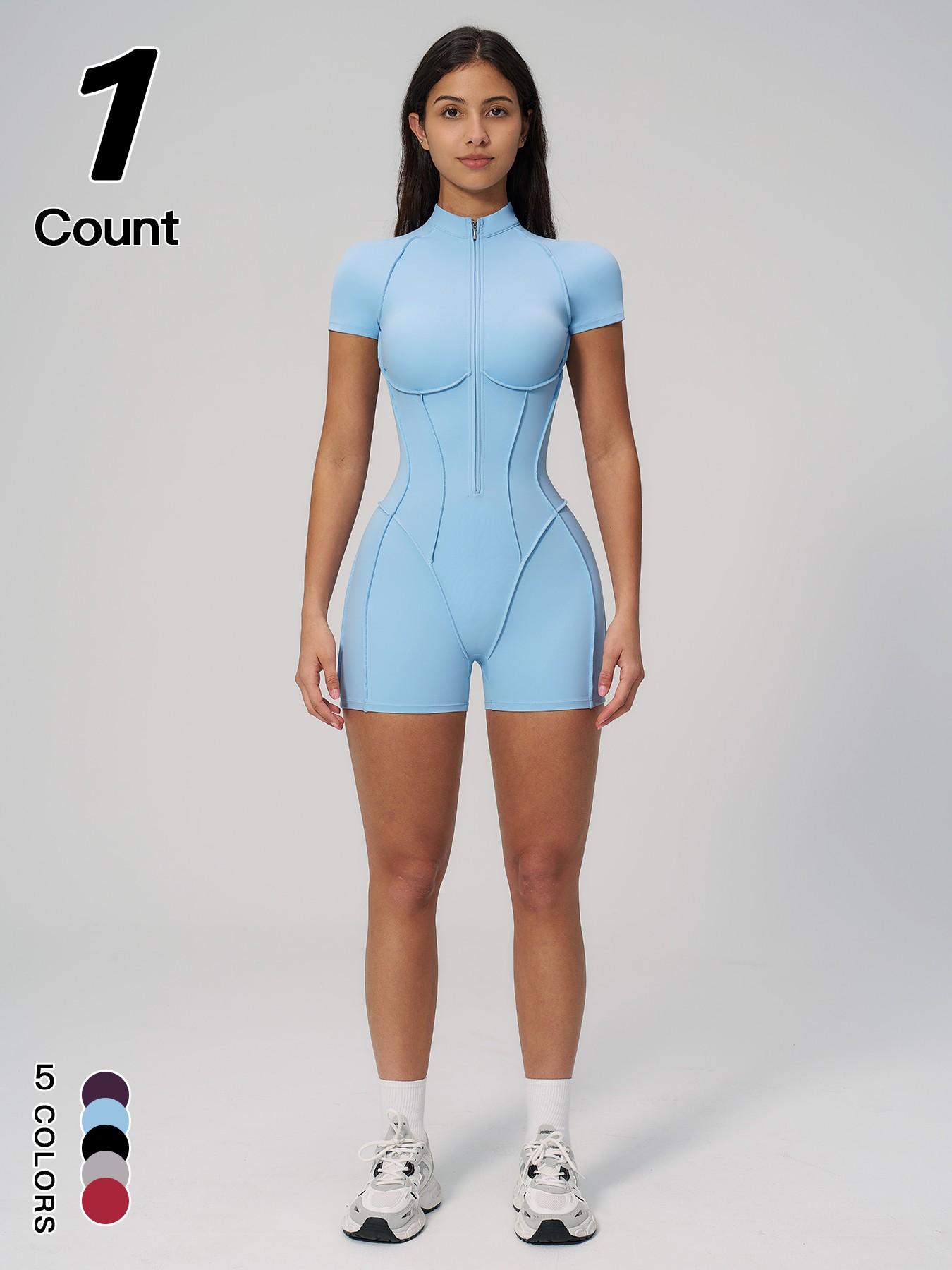 Women's Sportswear Half-Zip Stand Collar Shapewear Jumpsuit, Casual Slim-Fitting Short Sleeve Jumpsuit for All Seasons