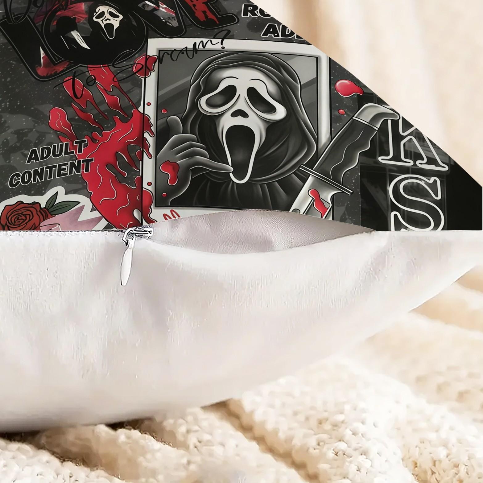 18x18 Inch Scream Ghostface Throw Pillow, Dark Romance Addict Horror Movie Book Lover Decorative Cushion, Spooky Halloween Sofa Bedroom Decor, Perfect Gift for Movie Fans & Bookworms