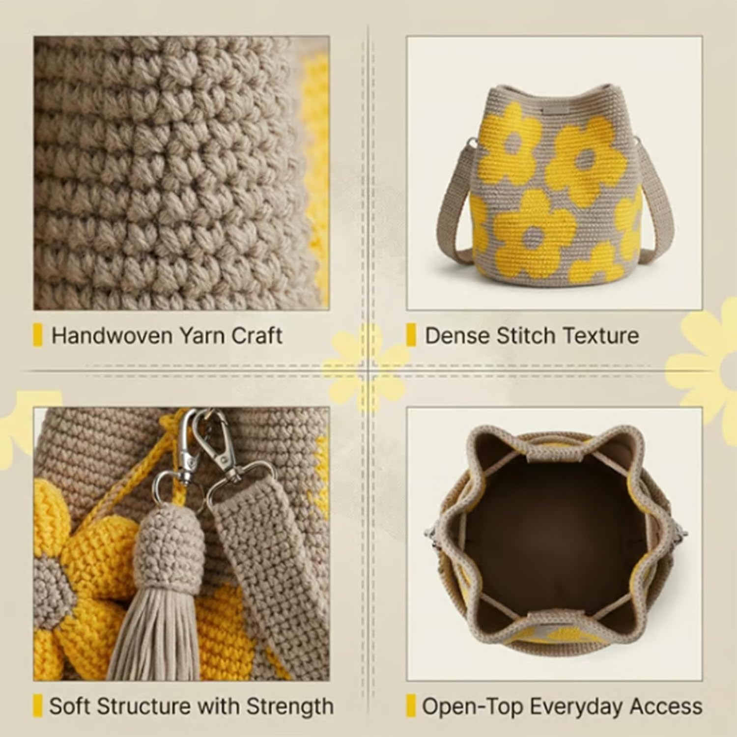 Handmade Crochet Flower Bucket Bag, Women's Mesh Knit Shoulder Bag, Cute Floral and Fringe Decor, Large Capacity, Fashionable, All Seasons, Hand Crocheted Bag