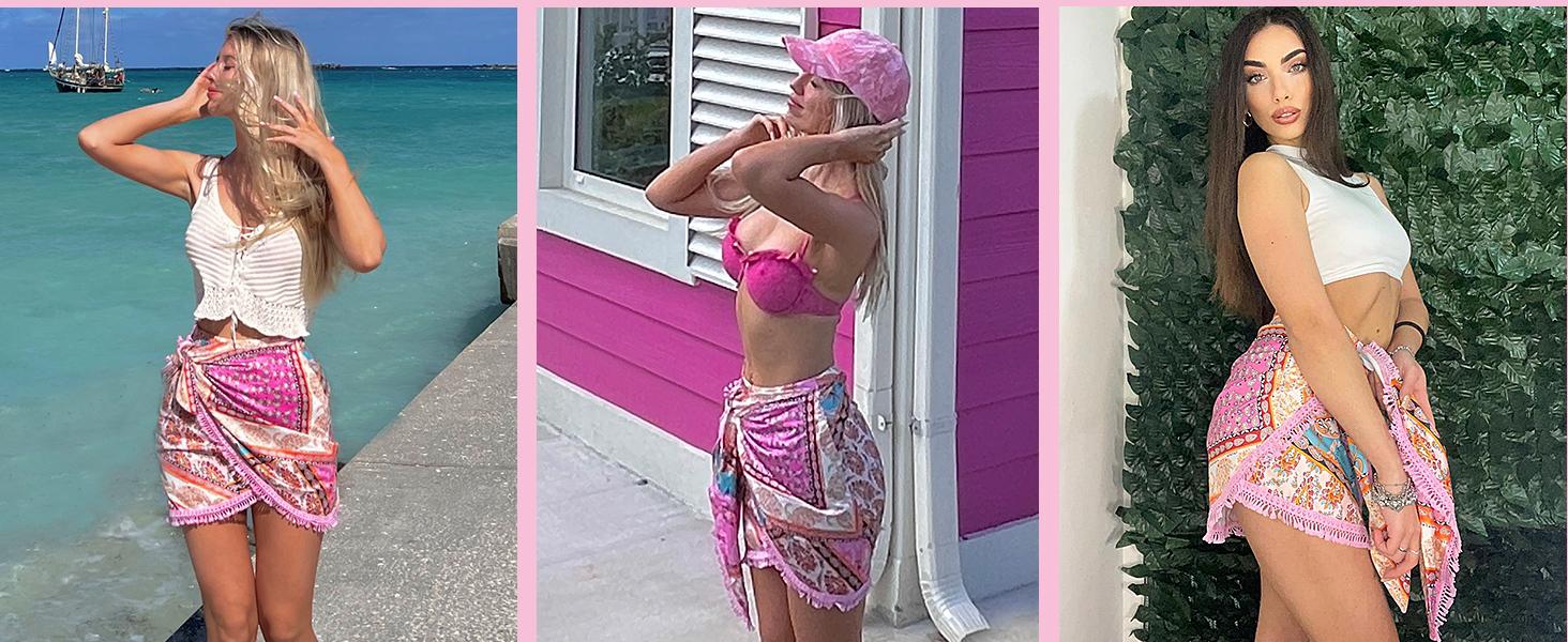 ZAFUL Slit Skirt for Women Boho Print Tie Side Wrap Tassel Casual Beach Mini Skirt