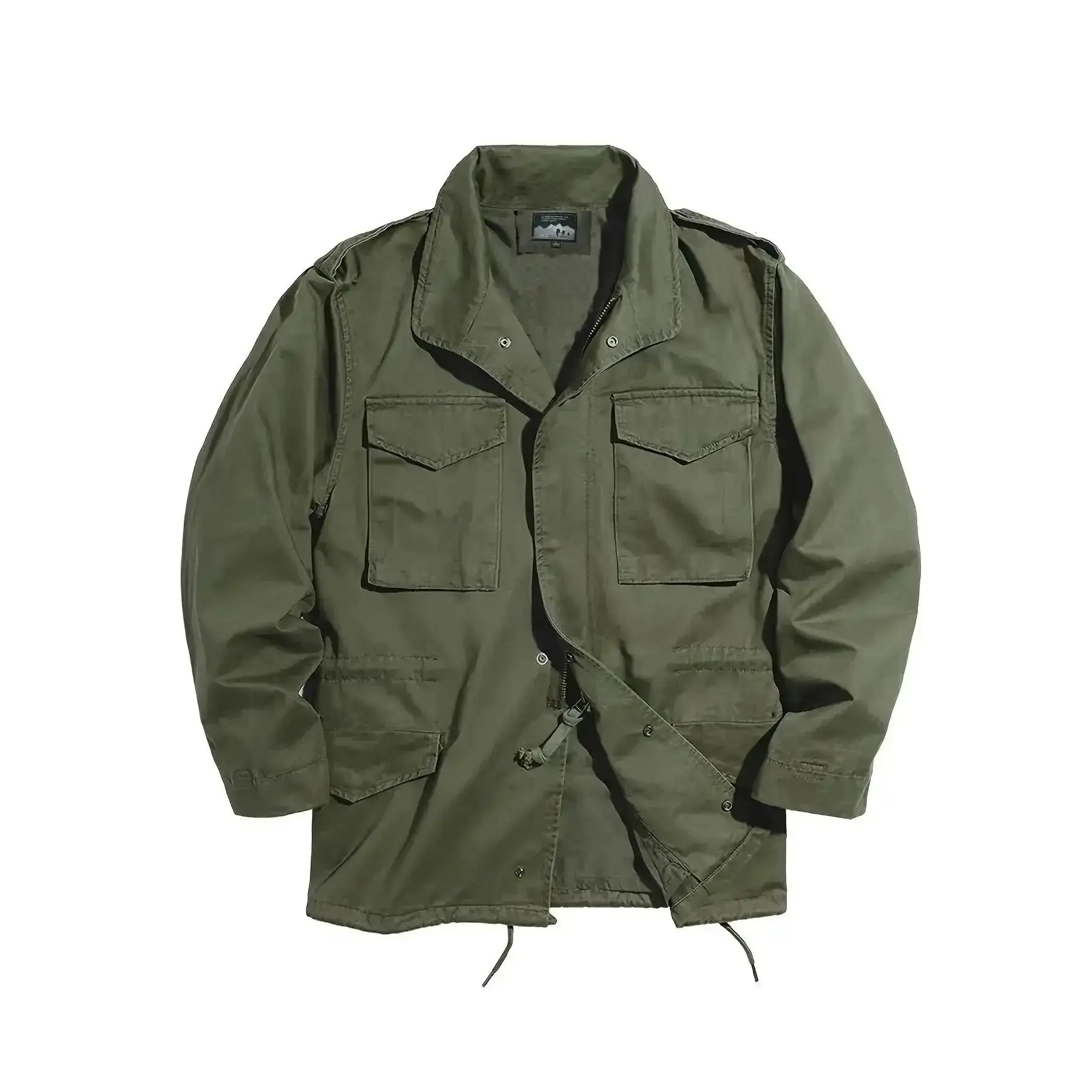 Men's pure cotton vintage collared zip-up jacket, M65 field work jacket, workwear jackets, multi-pocket design, drawstrings at the waist and hem, suitable for daily casual outdoor activities in spring, autumn, and winter.
