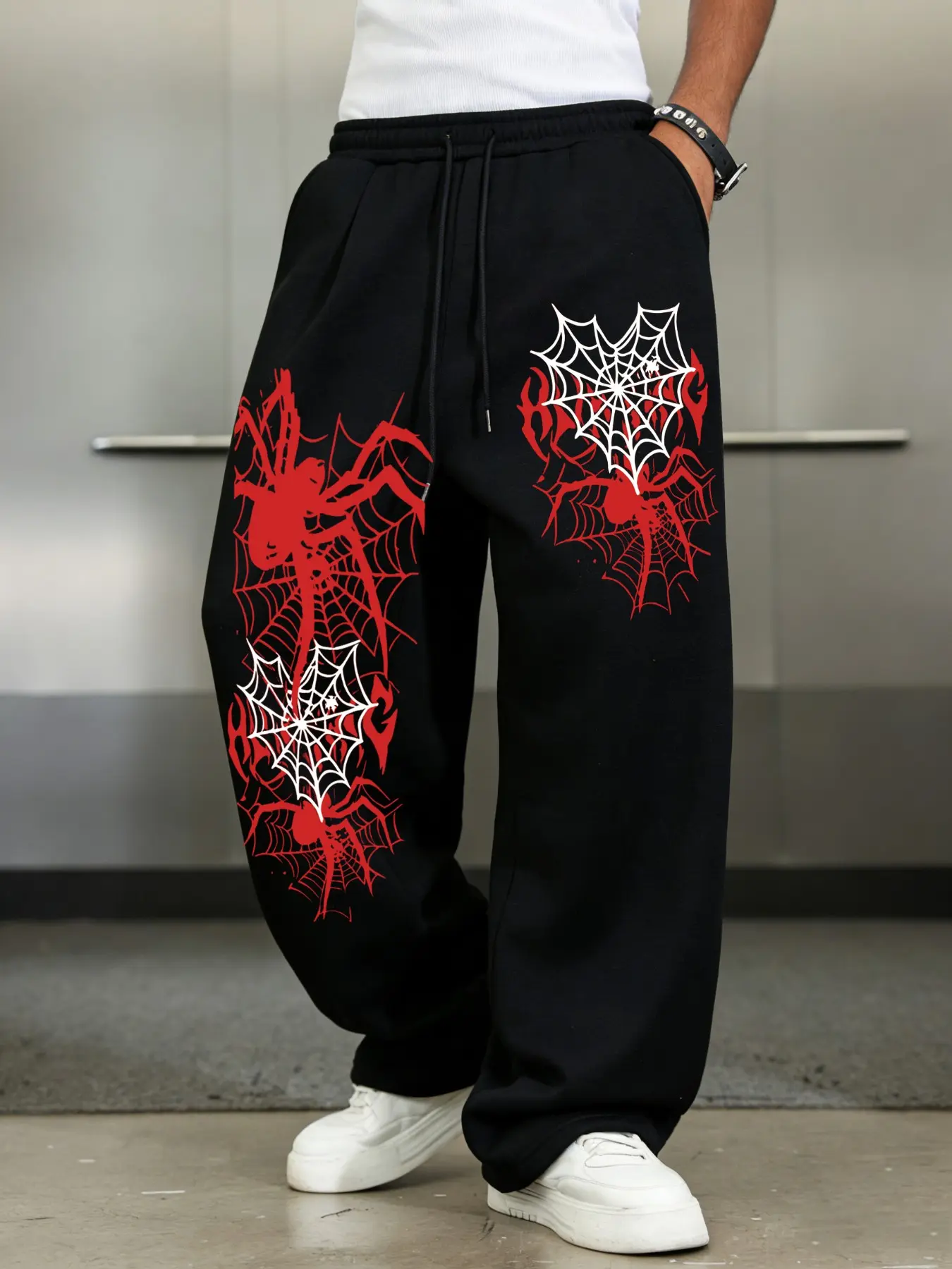 Men's High-Waisted Drawstring Wide-Leg Sports Pants, Soft Breathable Knit Joggers, Gothic Spider Web Print, Loose Fit Streetwear