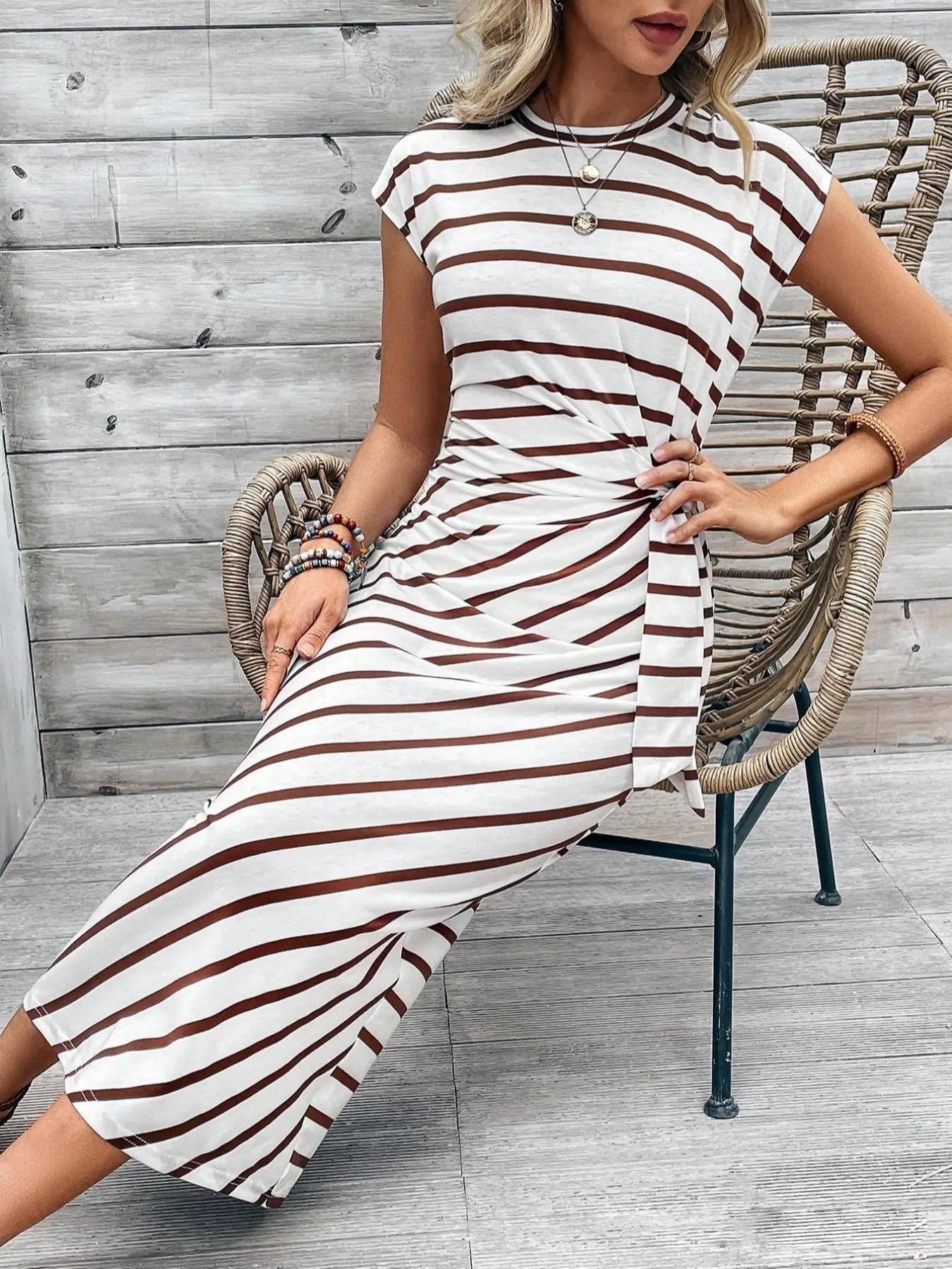 Elegant Waist Tie Striped Round Neck Short Sleeve Long Dress, Summer High-End Women's Fashion, Cross-Border Chic Clothing
