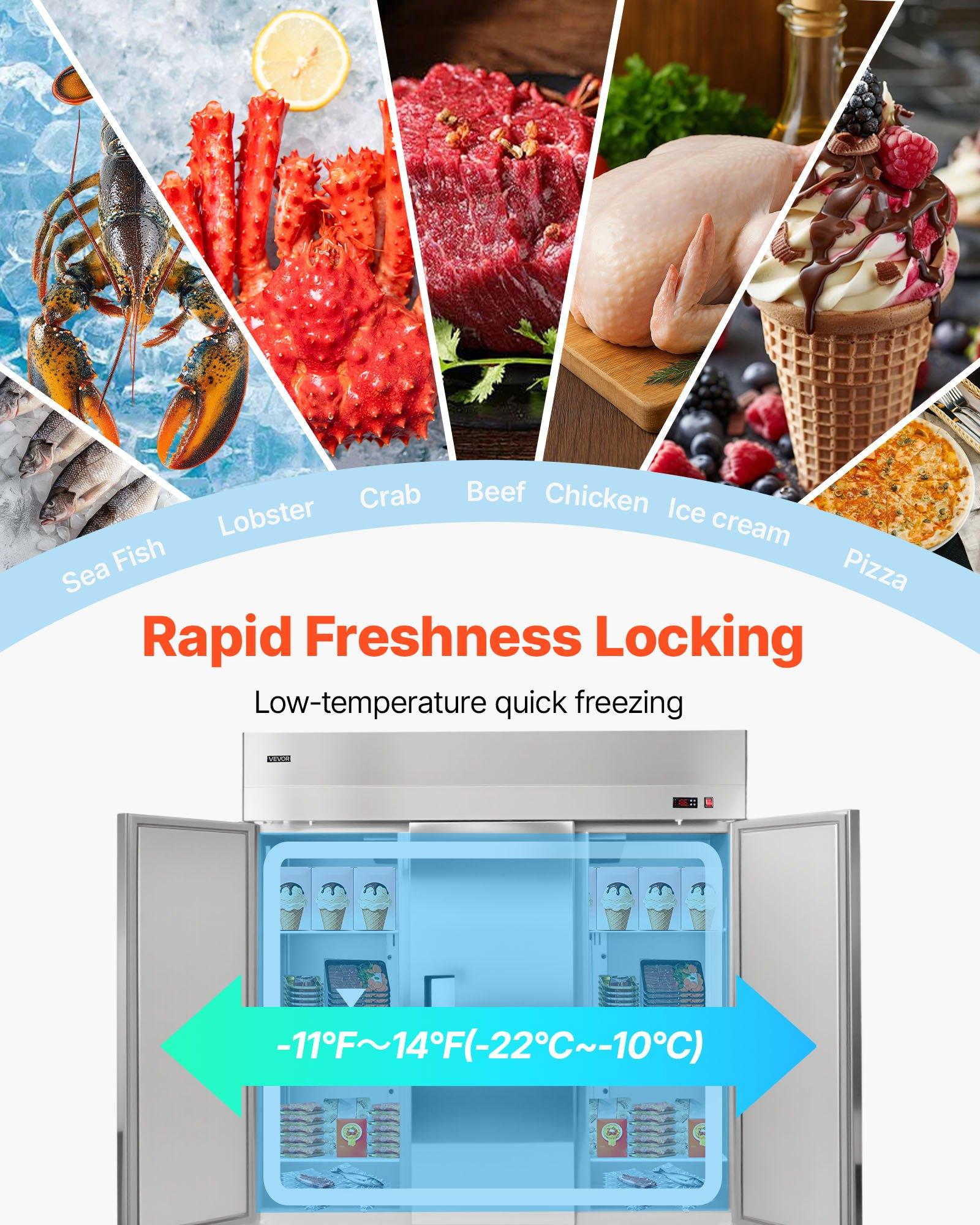 VEVOR Commercial Freezer, 71.65 in Width Reach In Upright-Freezer Three Door, 50.2 Cu. ft Auto-Defrost Stainless Steel Freezer with 12 Adjustable Shelves, -11 to 14 Temp Control, LED Light, 4 Wheels