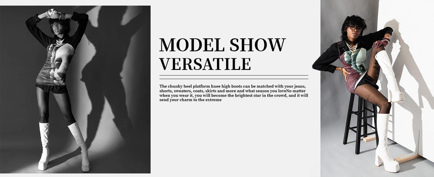 Wetkiss Stacked Platform Knee High Boots for Women With High Chunky Heel, Gogo Boots for Women with Square Toe Side Zipper Stretch,Women's Shoes,Women's Boots #TikTokShopStockUp