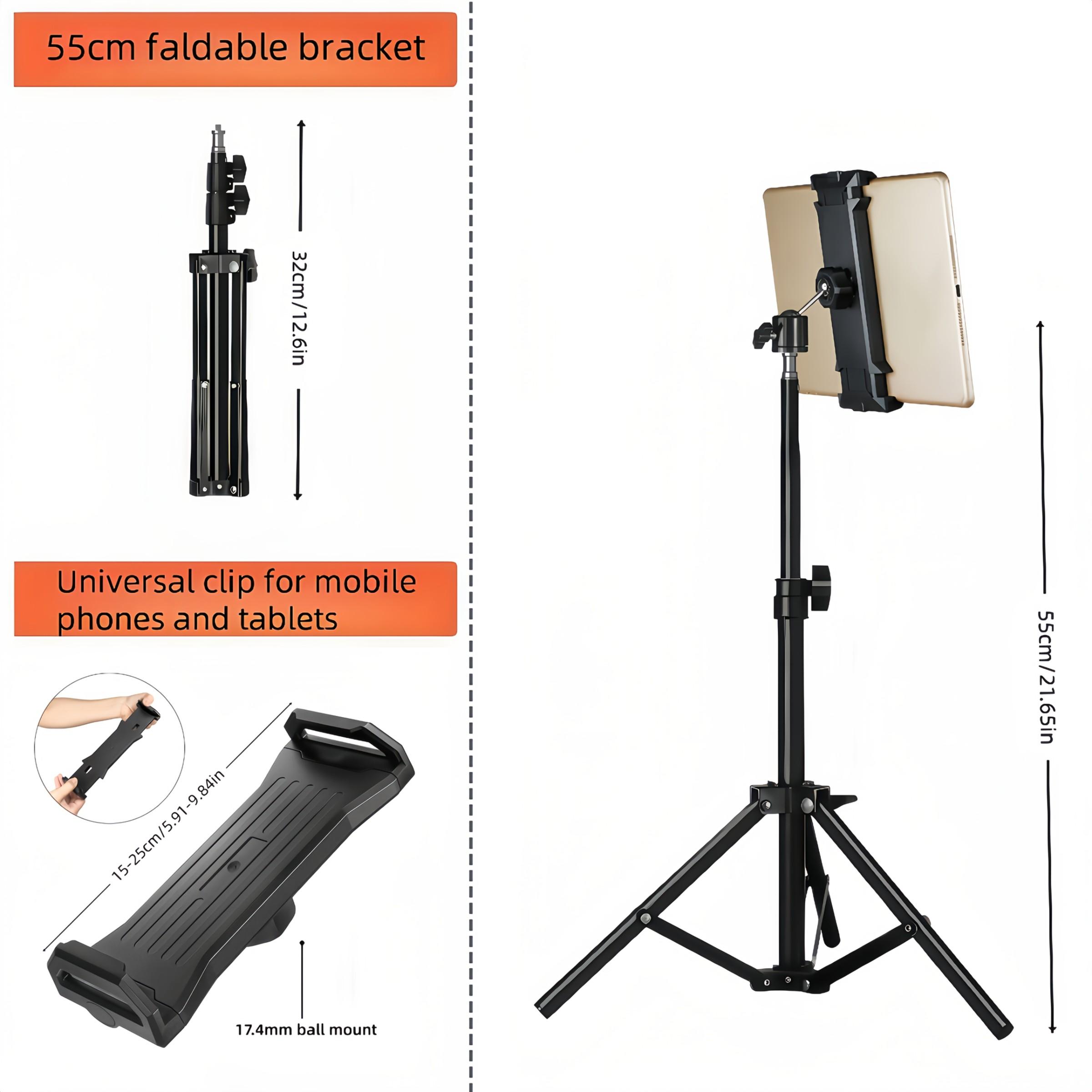 Adjustable 55cm Tablet Stand, Tablet Mount, Adjustable Height Phone Holder for iPhone & Tablets, 360° Rotation, Three-Axis Movement, Live Streaming, Tripod Base, Multi-Functional Device Stand
