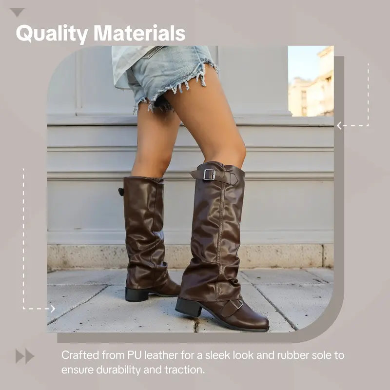 Women's Fashion PU Leather Low Heel Long Boots, Casual Ruched Motorcycle Boots, Western Style Biker Boots, Cowgirl Boot Women's Fashion PU Leather Low Heel Long Boots, Casual Ruched Motorcycle Boots, Western Style Biker Boots, Cowgirl Boot