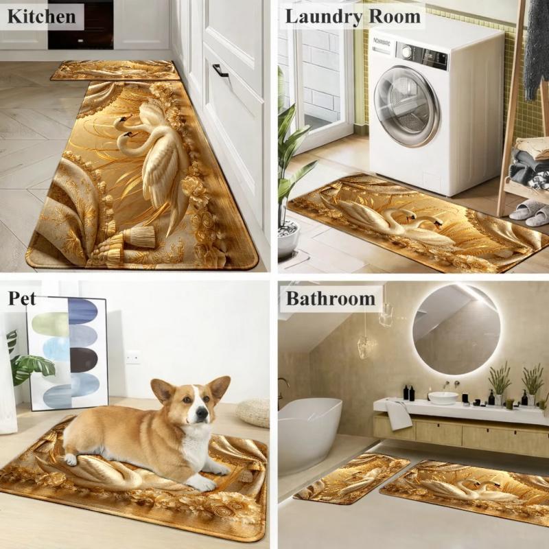 Luxury Swan Floral Rug Soft Flannel Non Slip Rubber Backing Machine Washable Indoor Outdoor Floor Mat Multipurpose Decor Perfect For Living Room Bedroom Kitchen Bathroom Entryway Door Mat Pet Mat Home Decoration Treads Stair Non-Slip