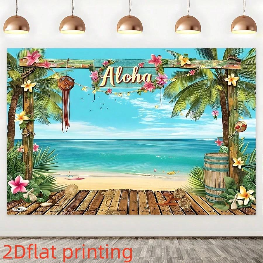 2D Flat Aloha Hawaii Beach Decorative Backdrop 1 Pack Polyester Material Tropical Palm Flower Seaside Party Banner Summer Beach Themed Photo Hanging Cloth Luau Party Atmosphere Curtain Reusable Waterproof Decorative Supplies
