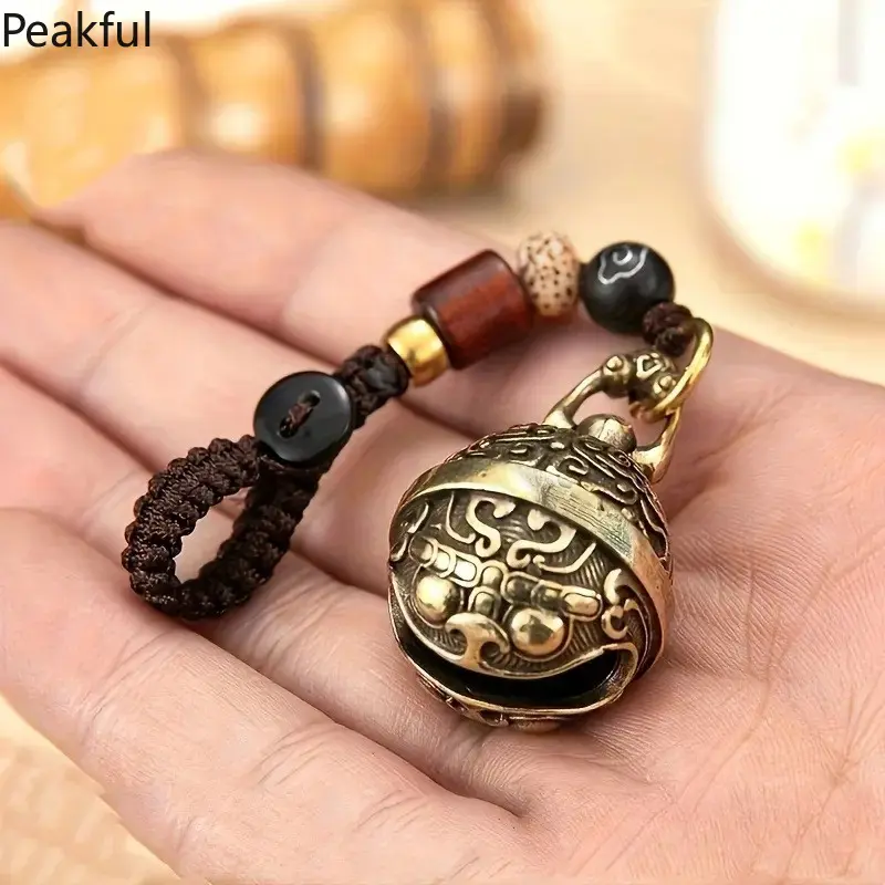 Retro Vintage Bell Keychain for Purse, Copper Drawstring Pendant with Brass Keyring & Clear Ring, Small Jingle Bell Charm for DIY Crafts, Key Organization & Bag Decoration