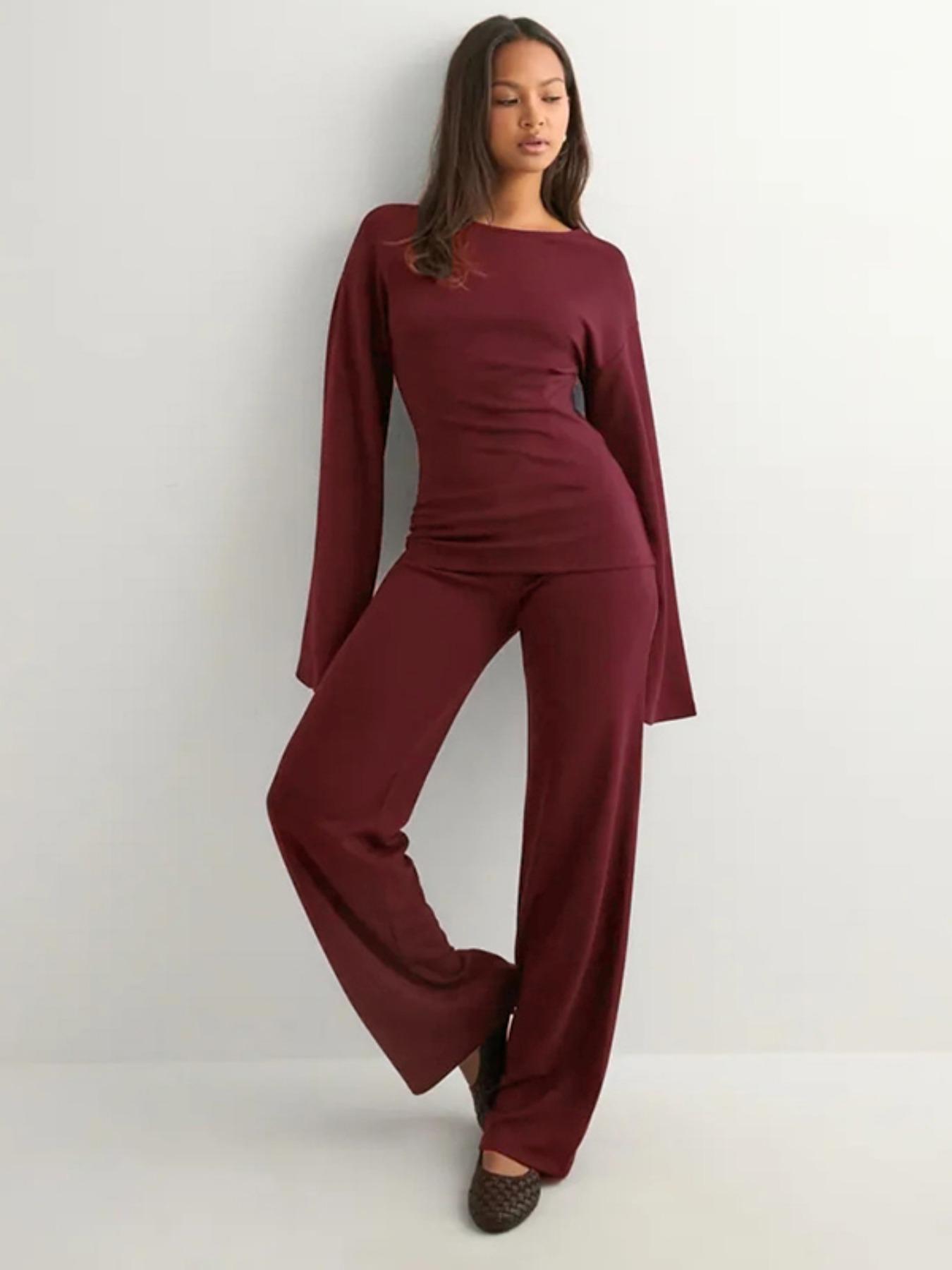 Women's Fashion Solid Color Casual Round Neck Flare Long Sleeve Top & Straight Leg Pants Set, Comfortable Muslim Spring Autumn,Business Casual Outfits